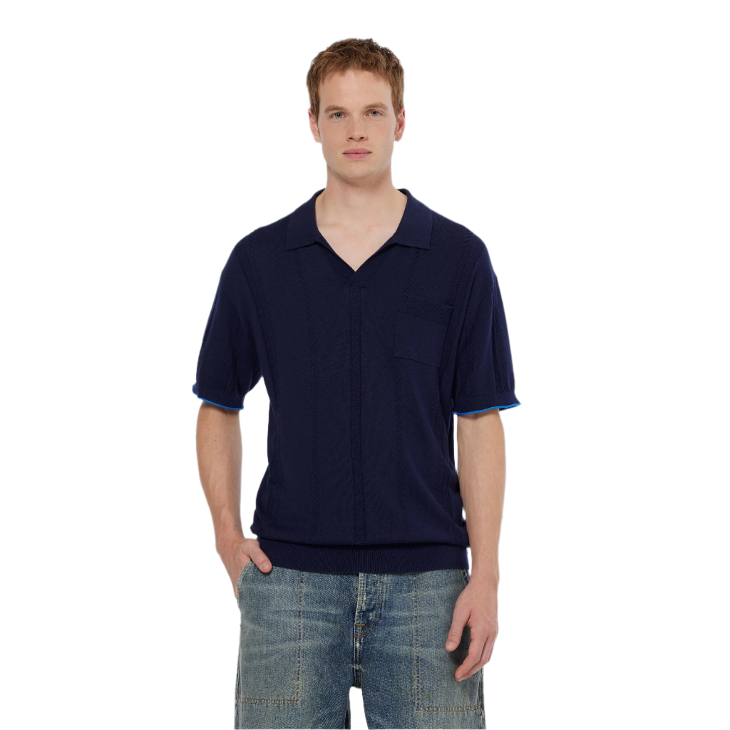 Navy Knitted V-Neck Relaxed Fit Polo