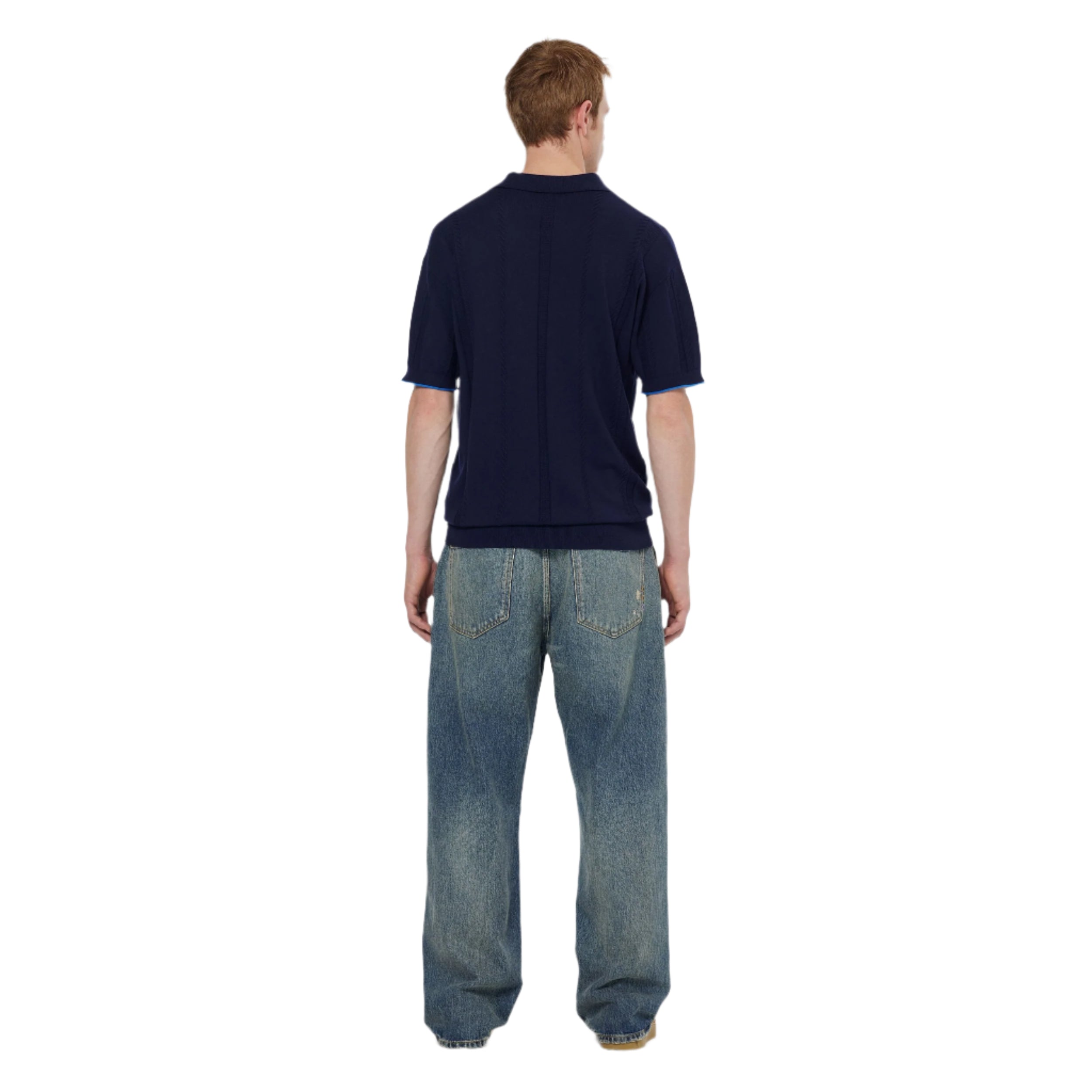 Navy Knitted V-Neck Relaxed Fit Polo