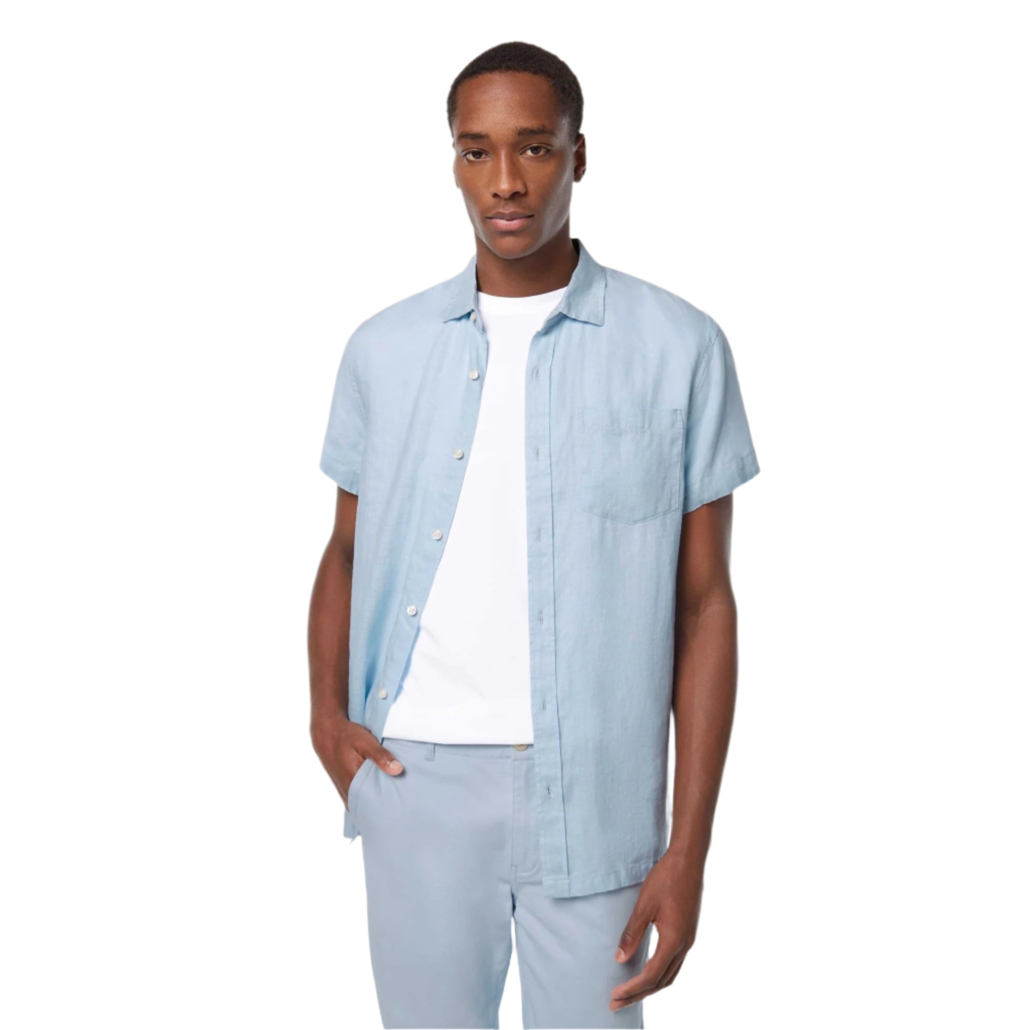 Blue Short-Sleeved Regular Fit Linen Shirt