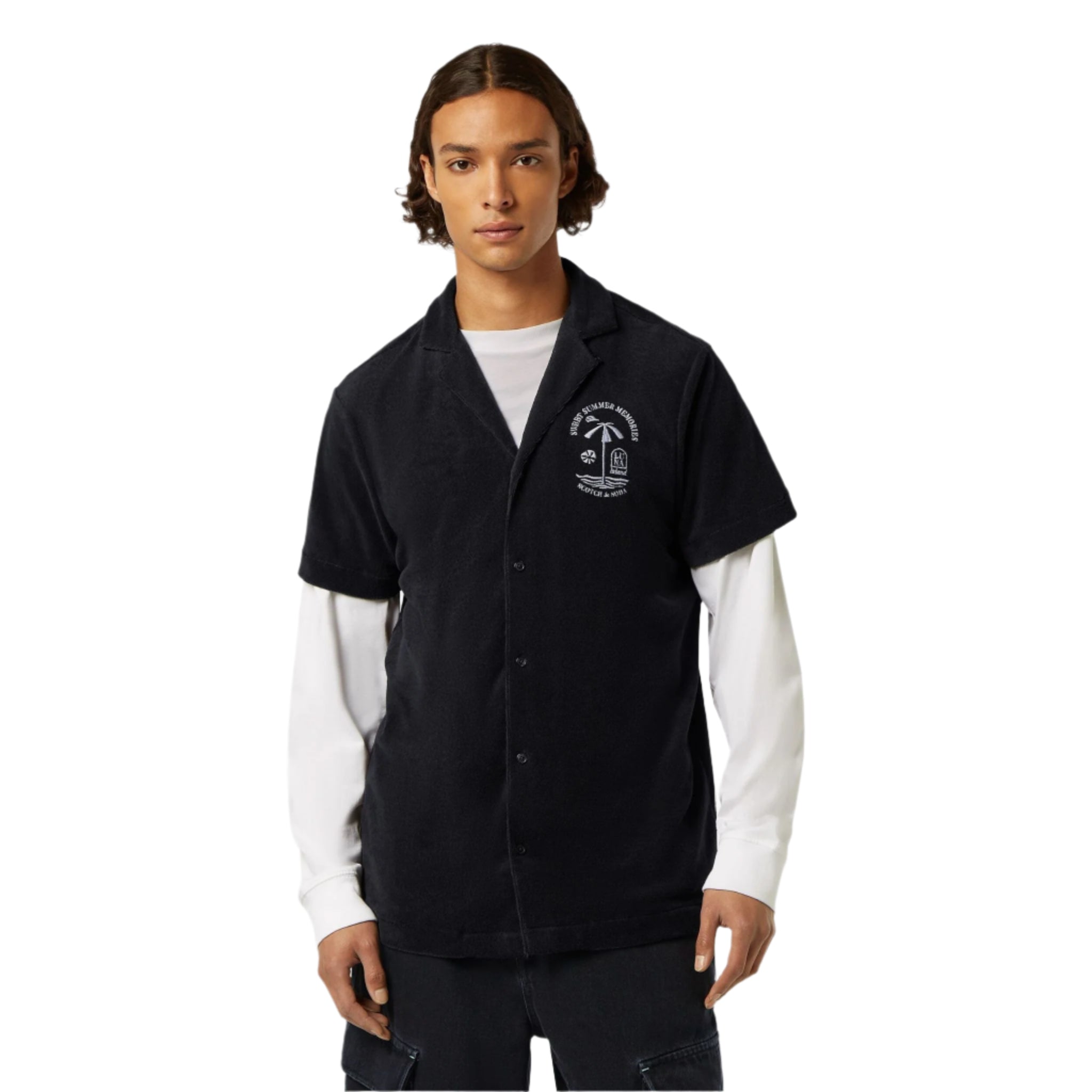 Black Short-Sleeved Regular Fit Towelling Shirt