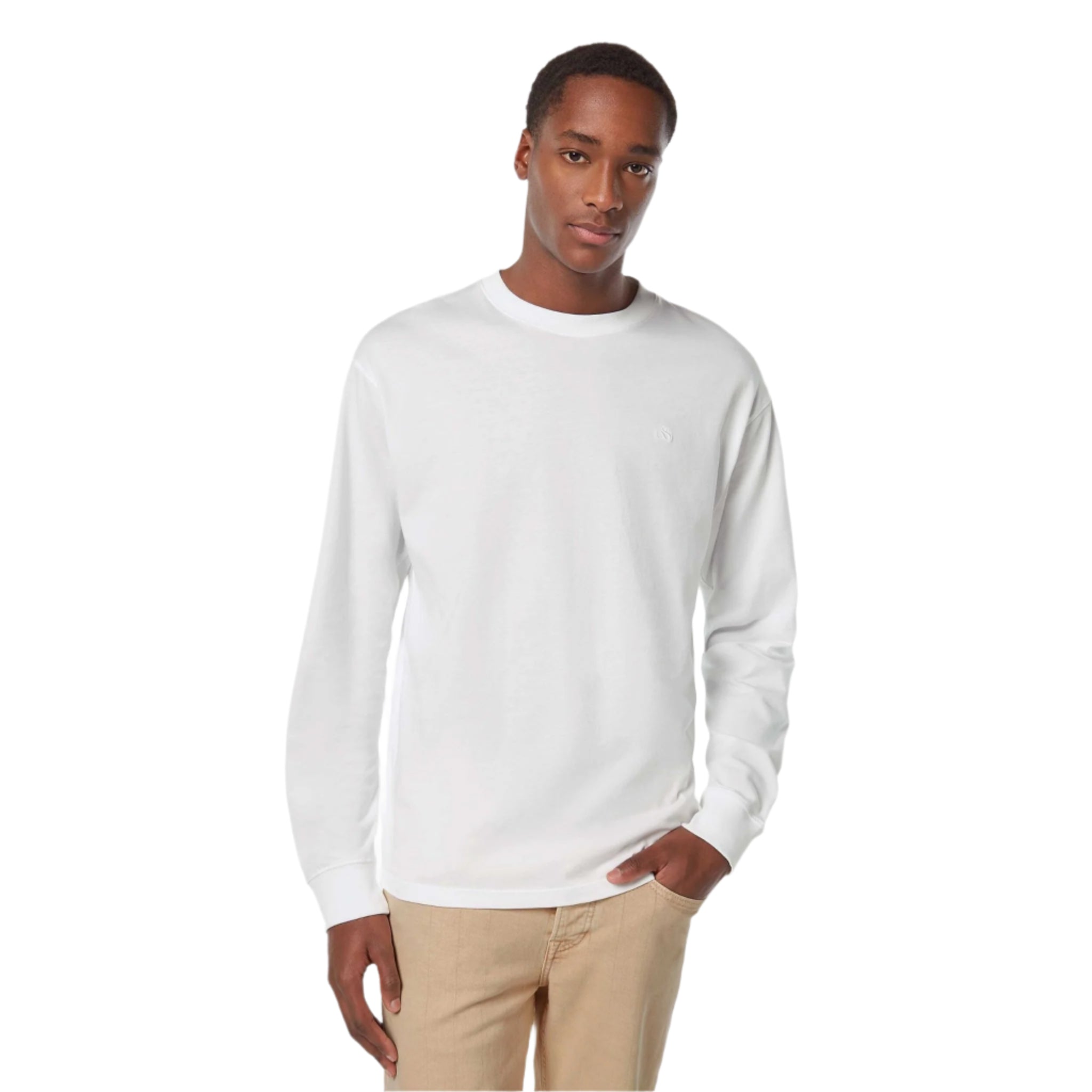 T-shirt blanc à manches longues et logo coupe décontractée