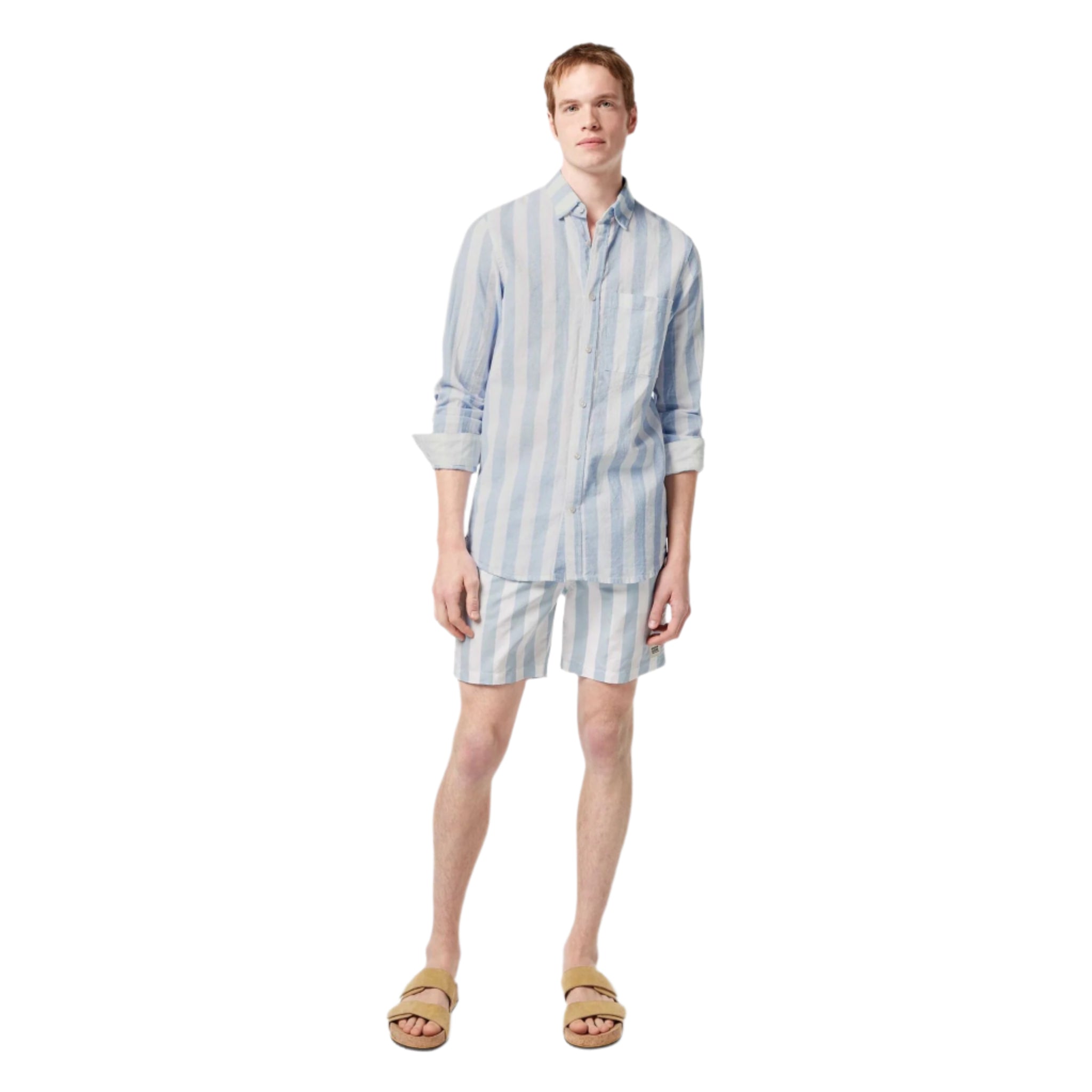 Blue Yarn-Dyed Linen Blend Striped Regular Fit Shirt