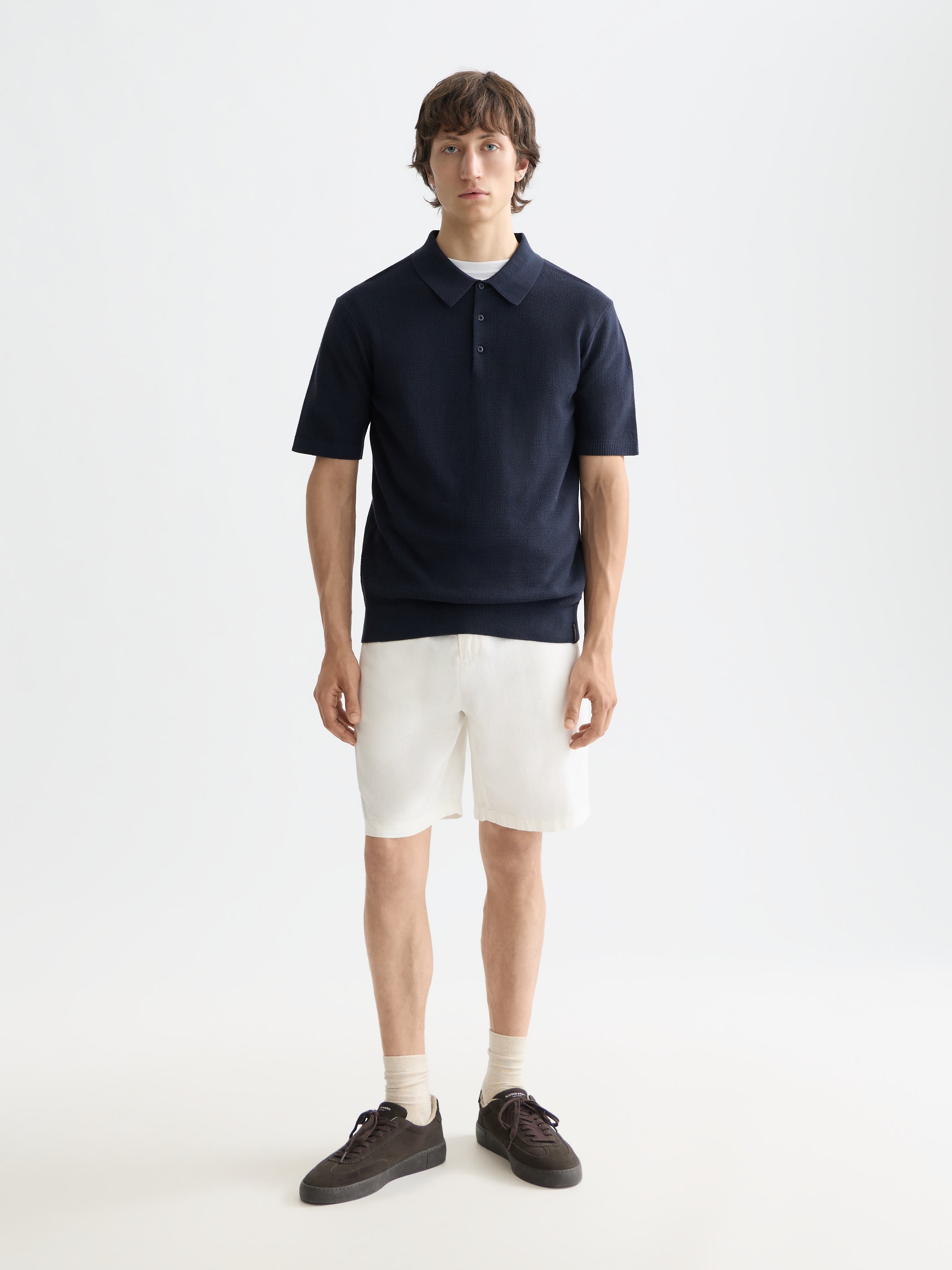 Bermuda en sergé de coton et lin Core Fave - Blanc cassé
