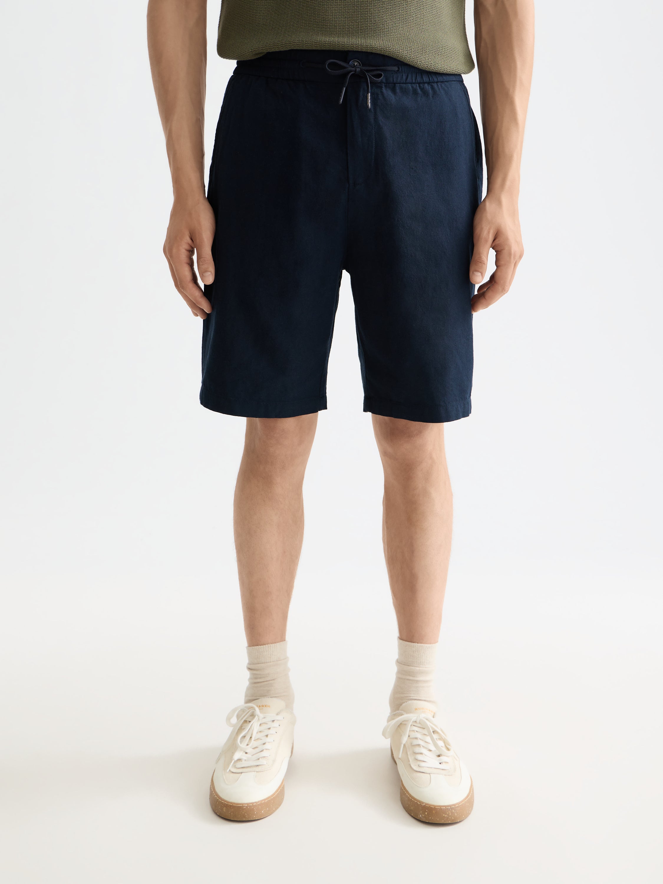 Bermuda en sergé de coton et lin Core Fave - Bleu marine