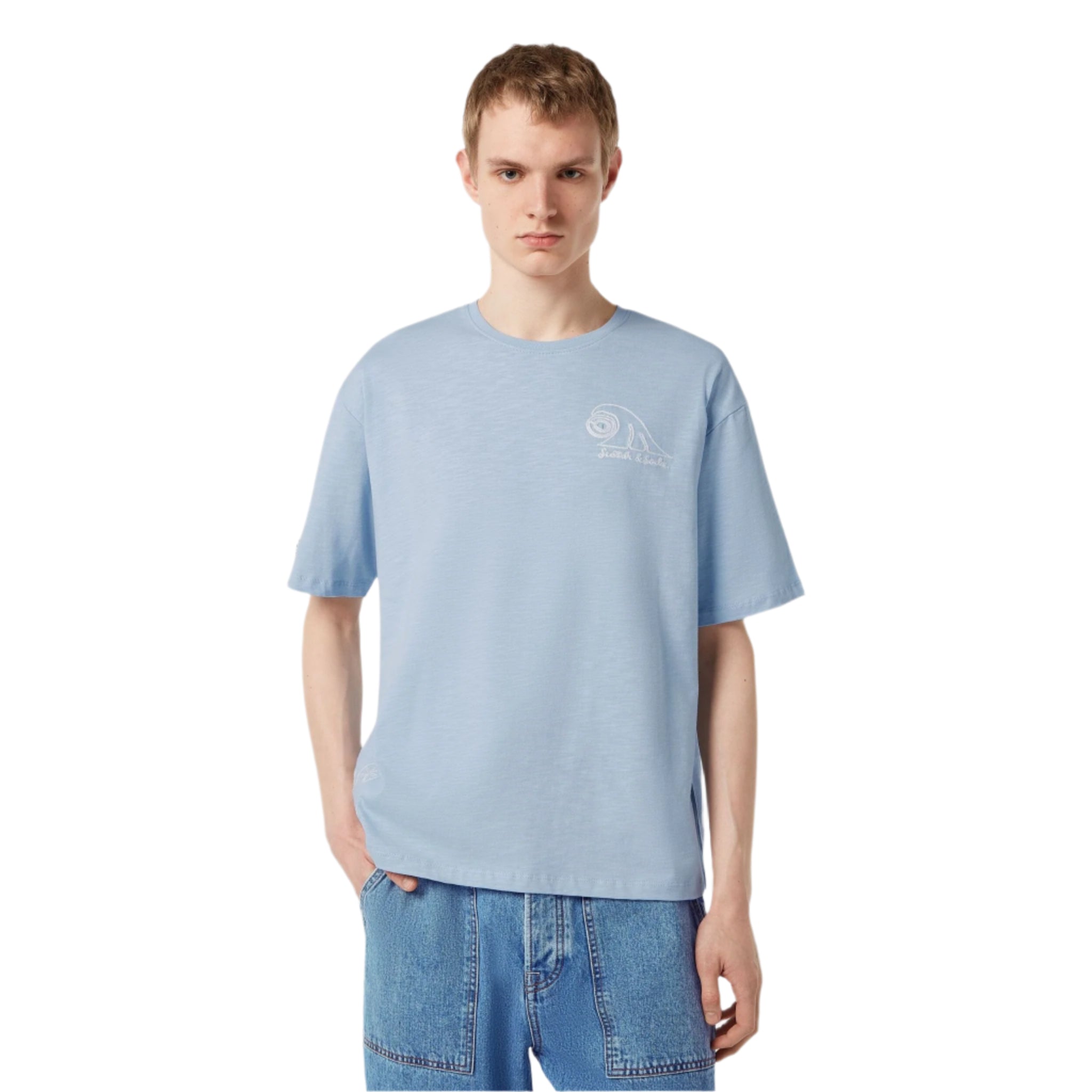Blue Loose Fit Slub Embroidery T-Shirt