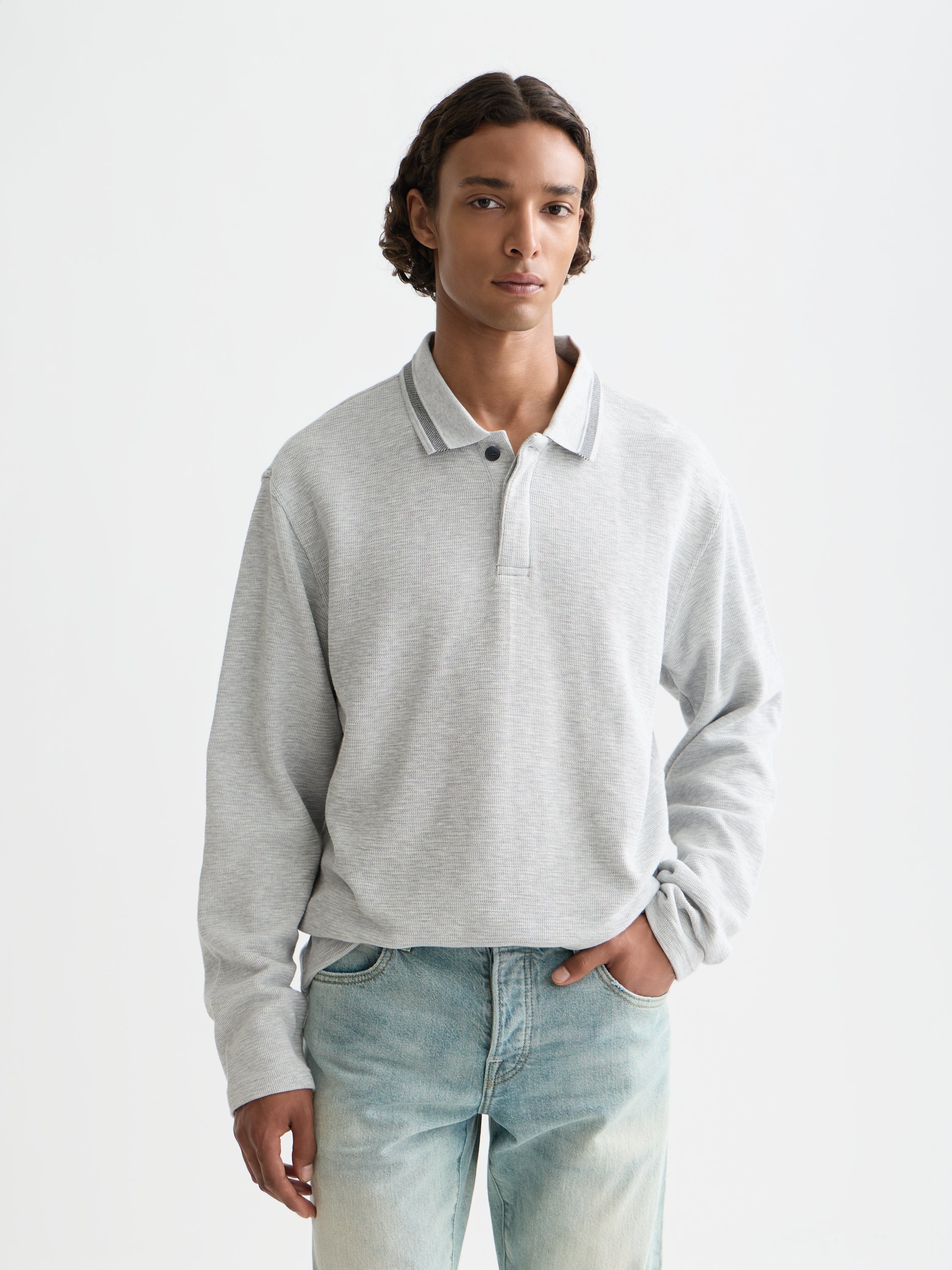 Structured Relaxed Fit Long Sleeved Polo - Grey