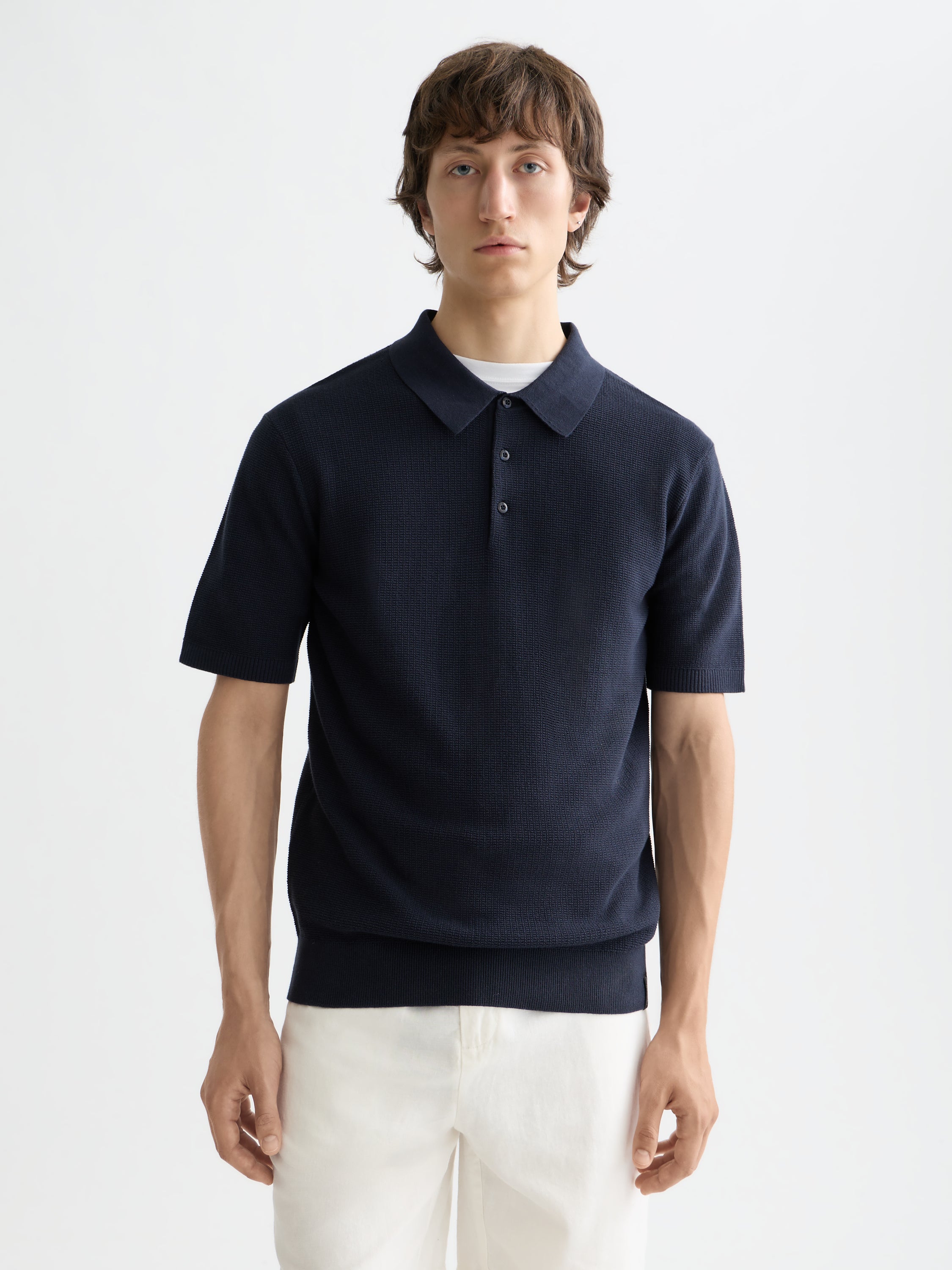 Polo structuré en maille, coupe classique - Bleu marine