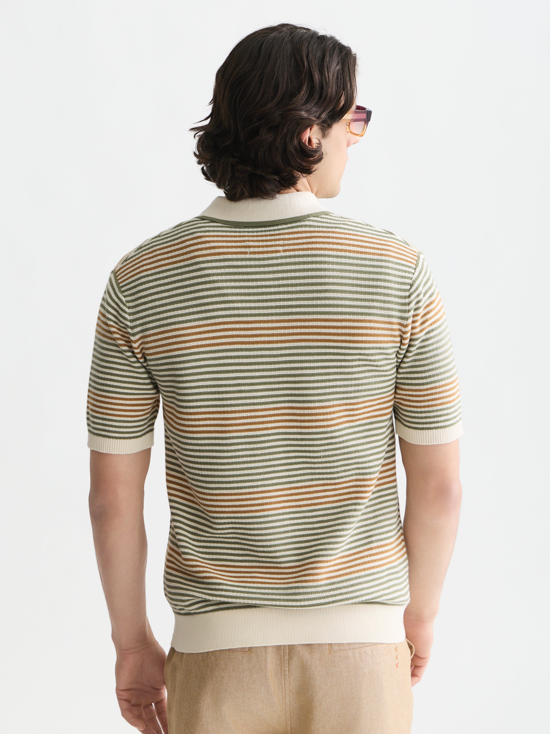 Striped Structured Knitted Regular Fit Polo - Oil Green Stripe