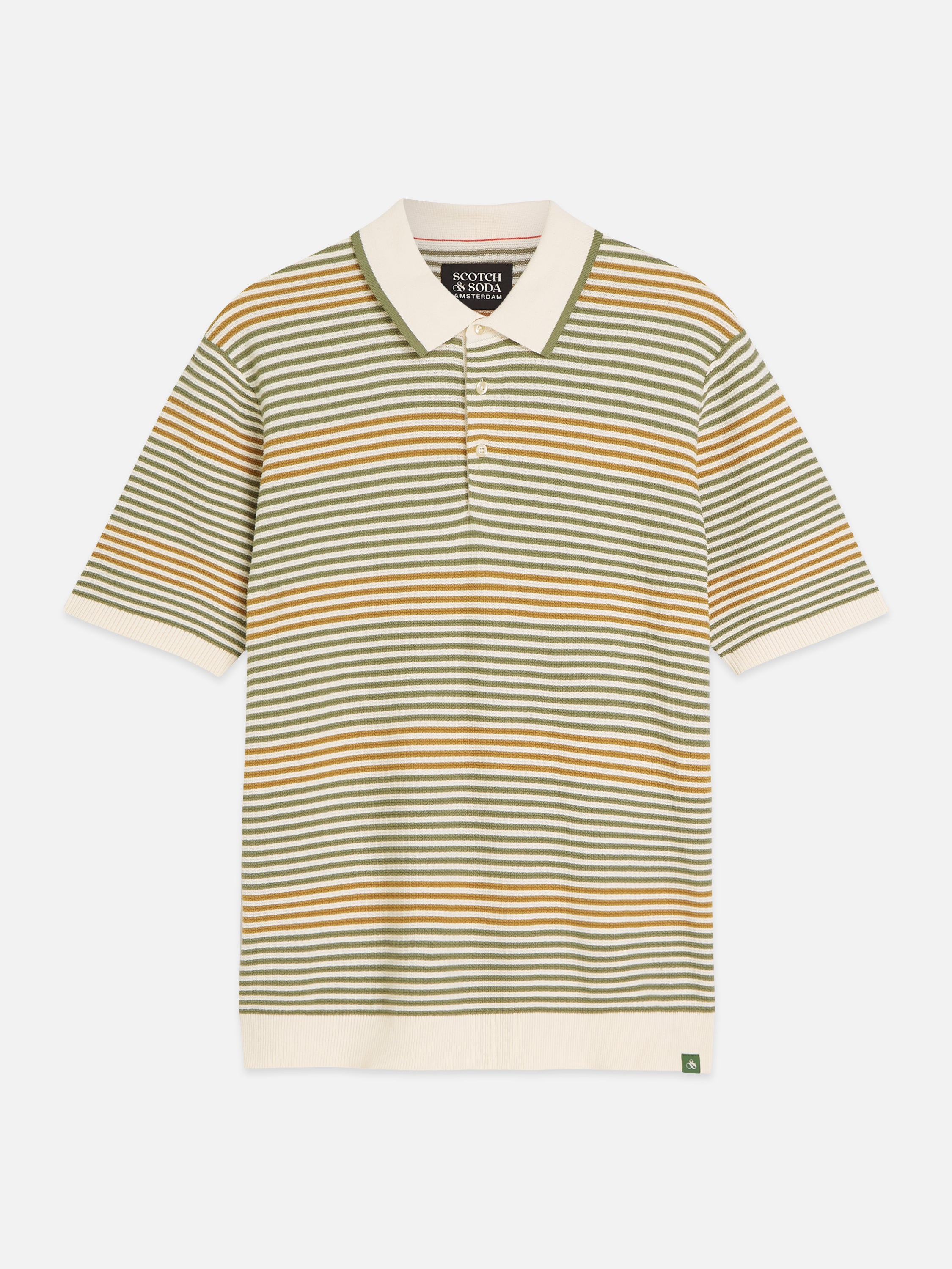 Striped Structured Knitted Regular Fit Polo - Oil Green Stripe
