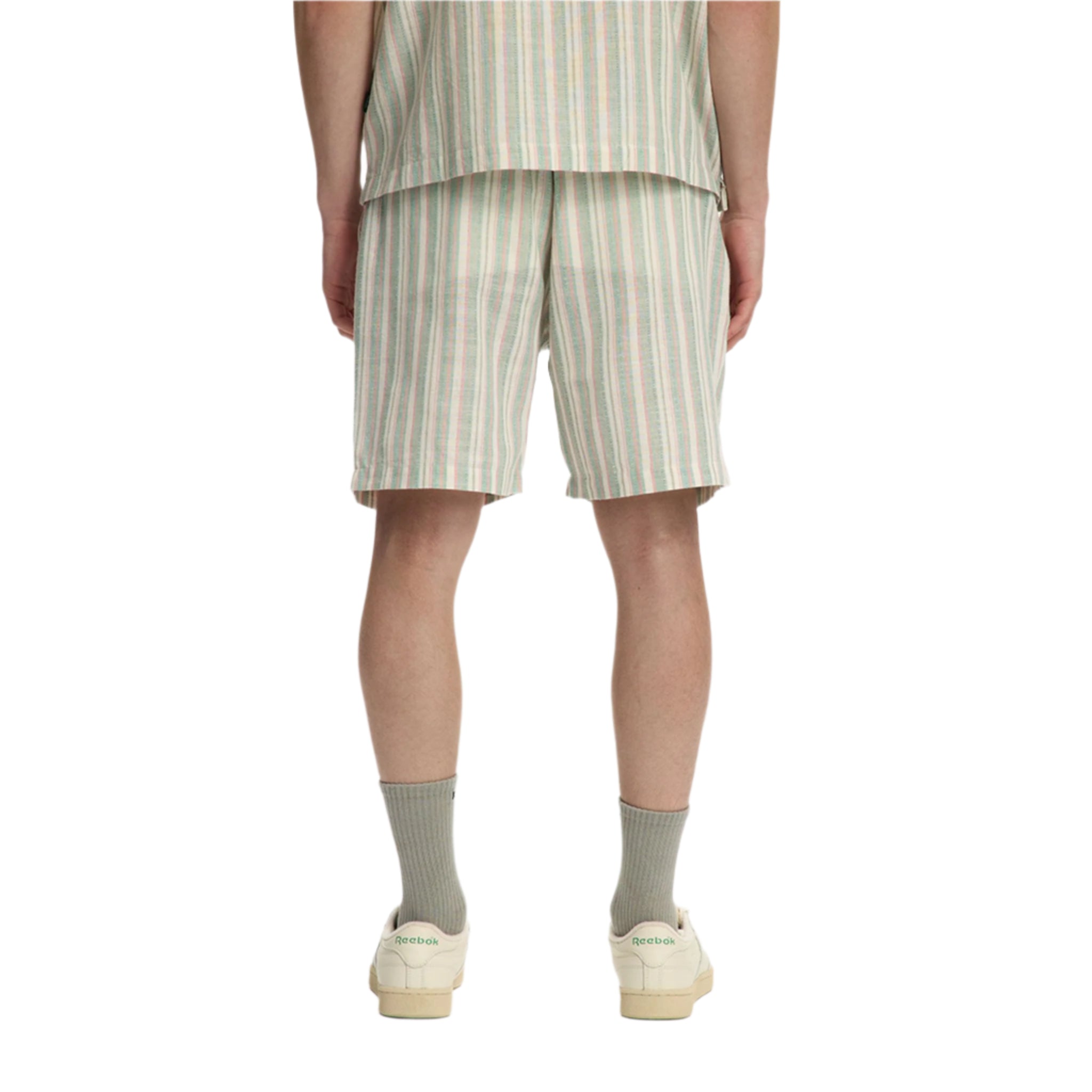 Short en lin à rayures vertes et roses