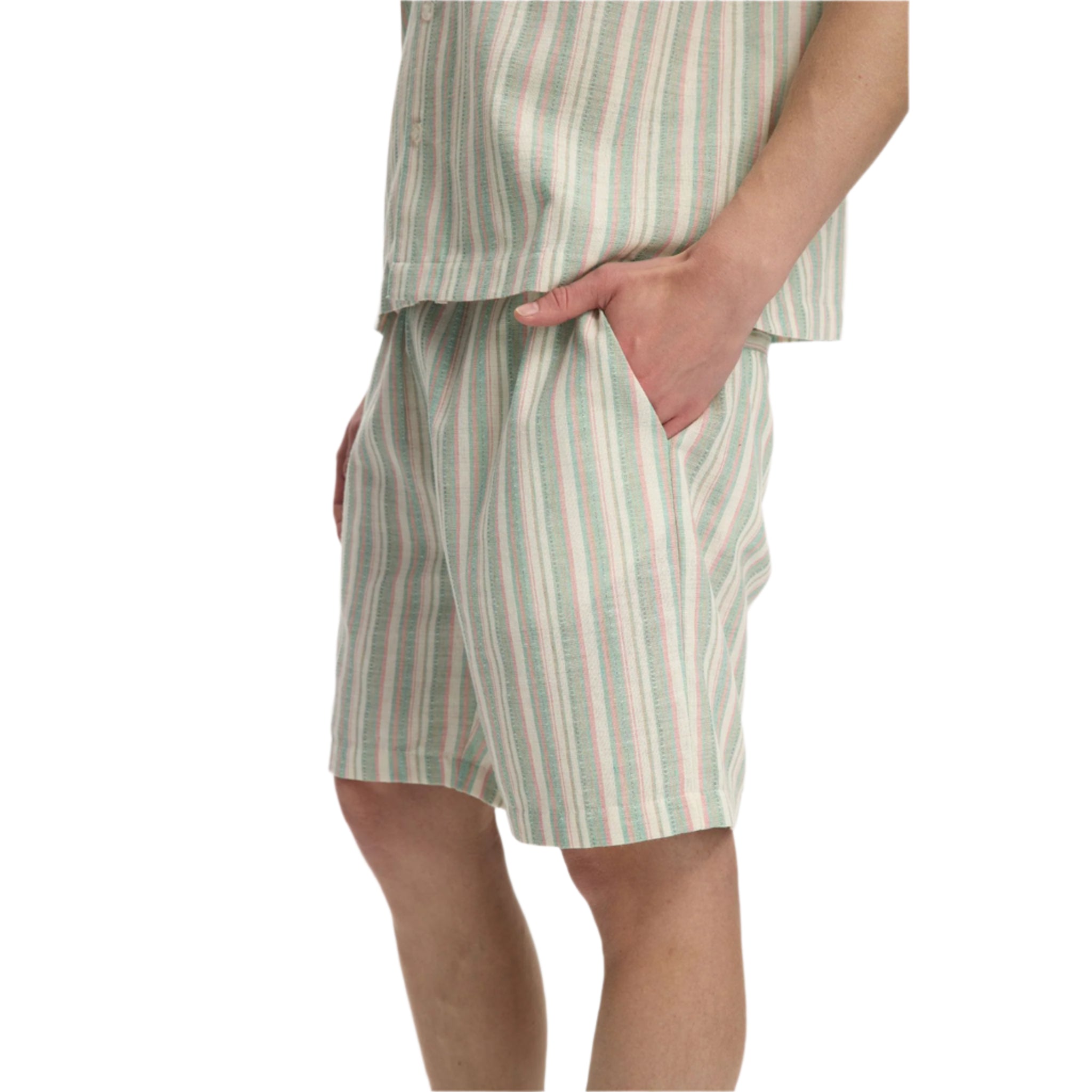 Short en lin à rayures vertes et roses