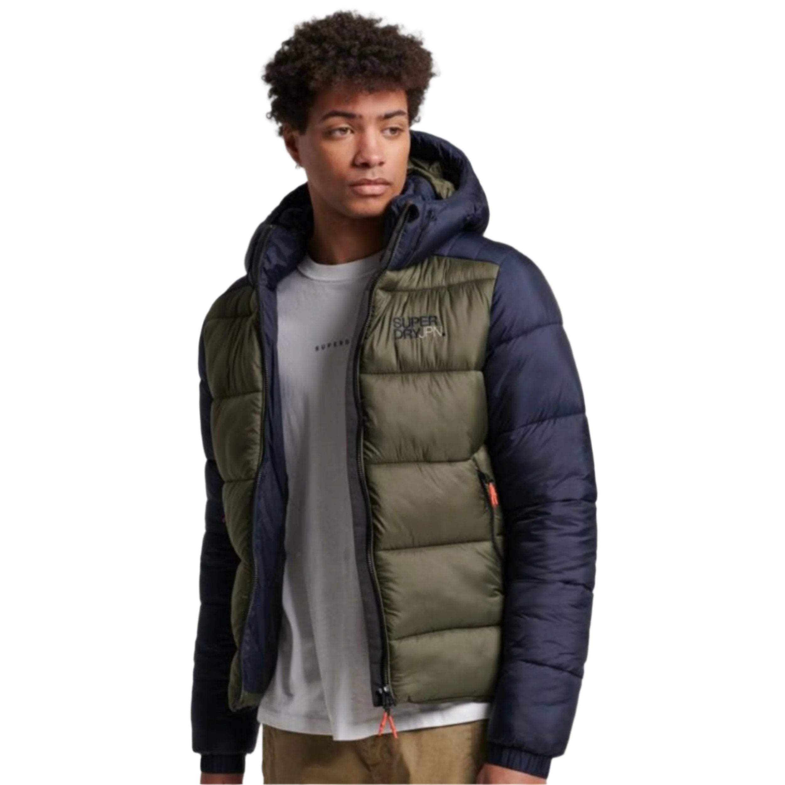 Eclipse Navy/Dark Moss Hood Colour Block Sport Puffer