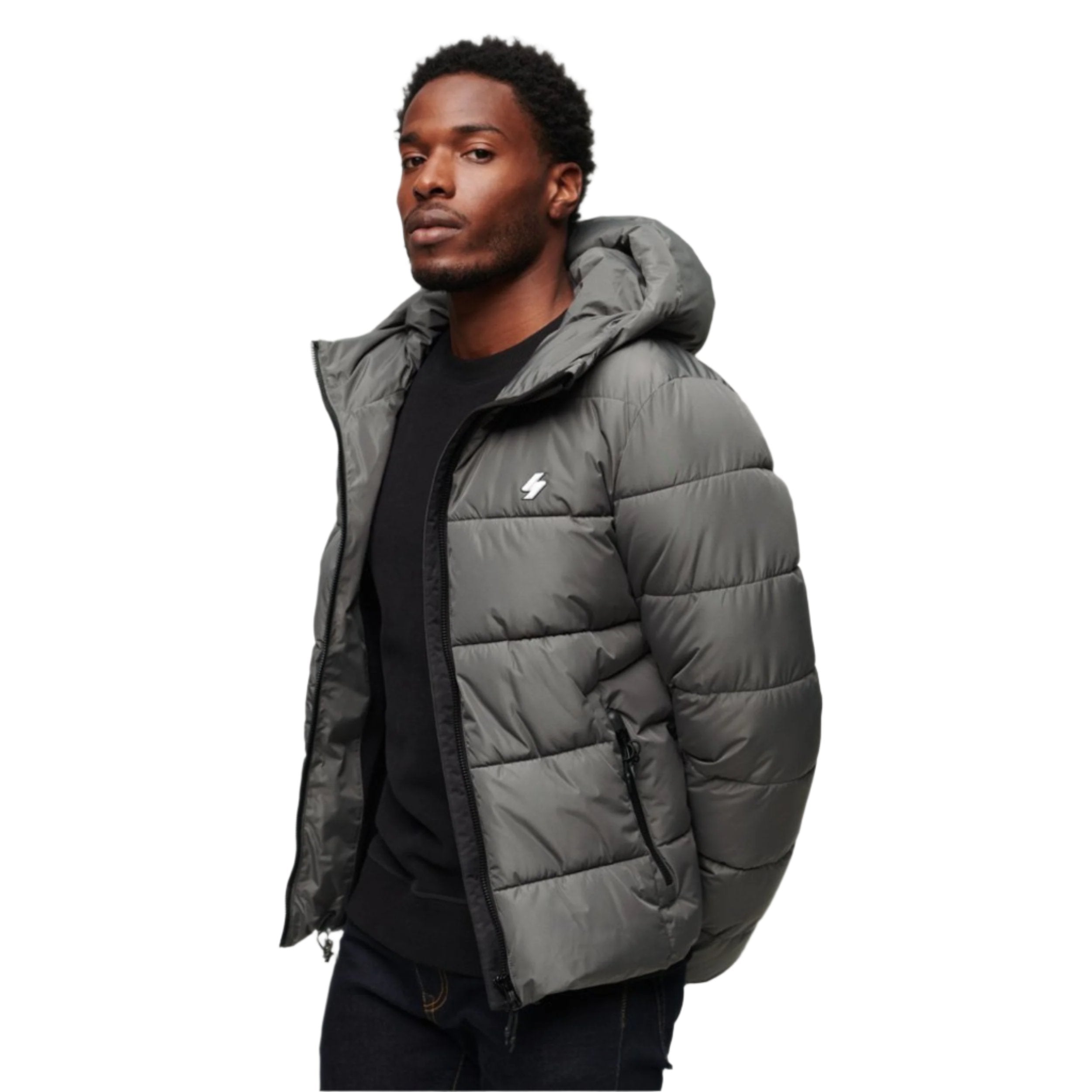 Dark Slate Grey Hooded Sports Puffer Jacket