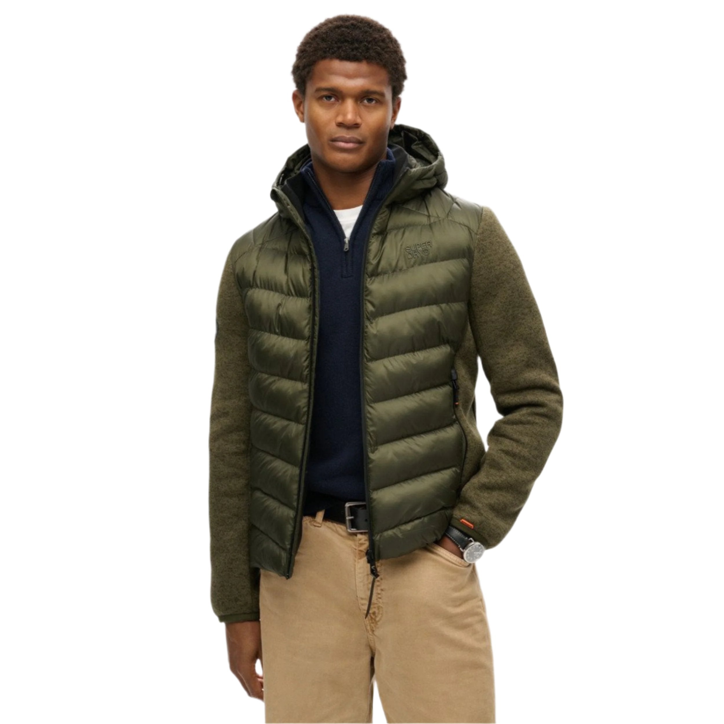 Veste hybride tempête en maille à capuche vert kaki chiné