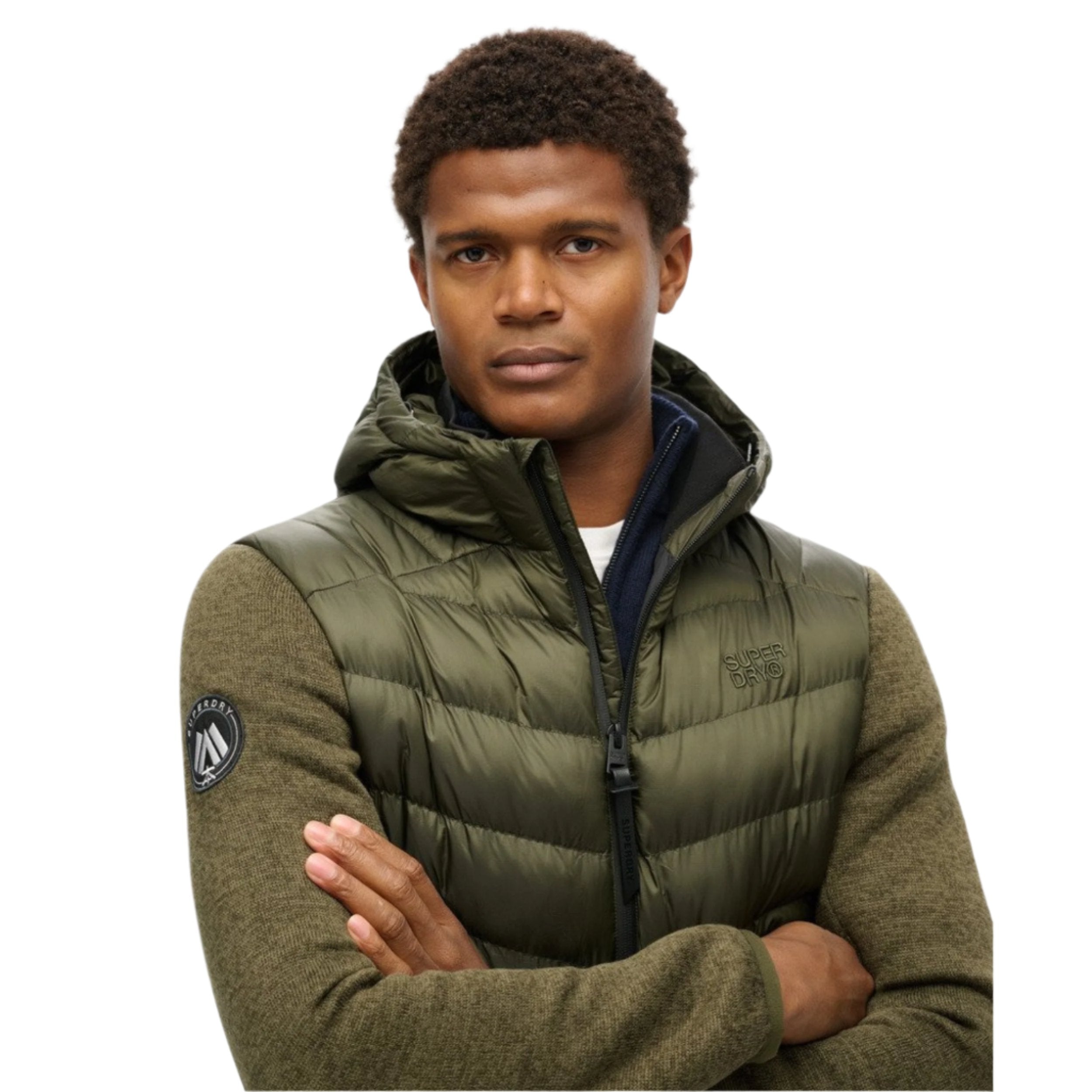Veste hybride tempête en maille à capuche vert kaki chiné