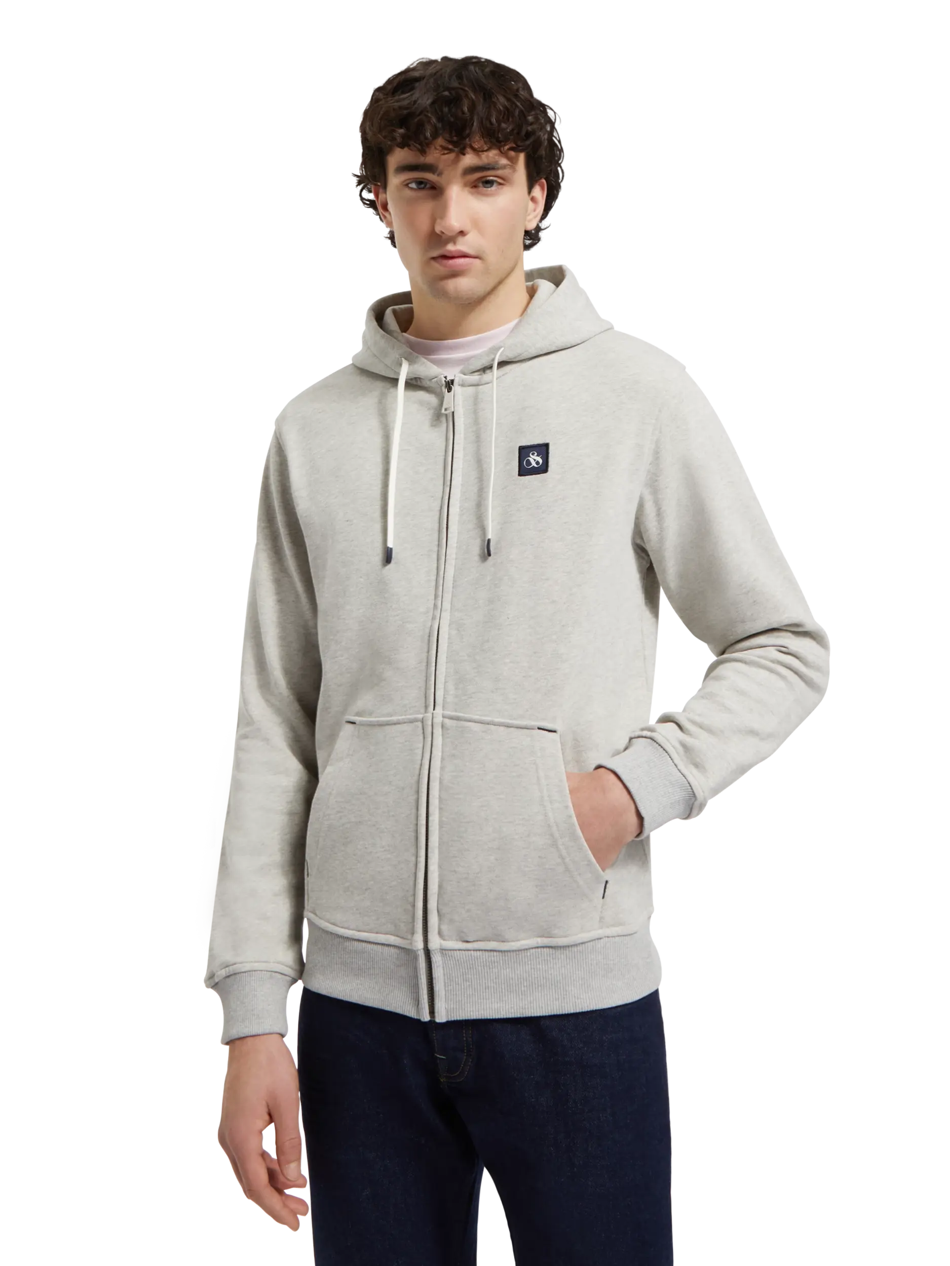 Scotch&Soda Grey Melange Essential Logo Badge Zip-Through Hoodie