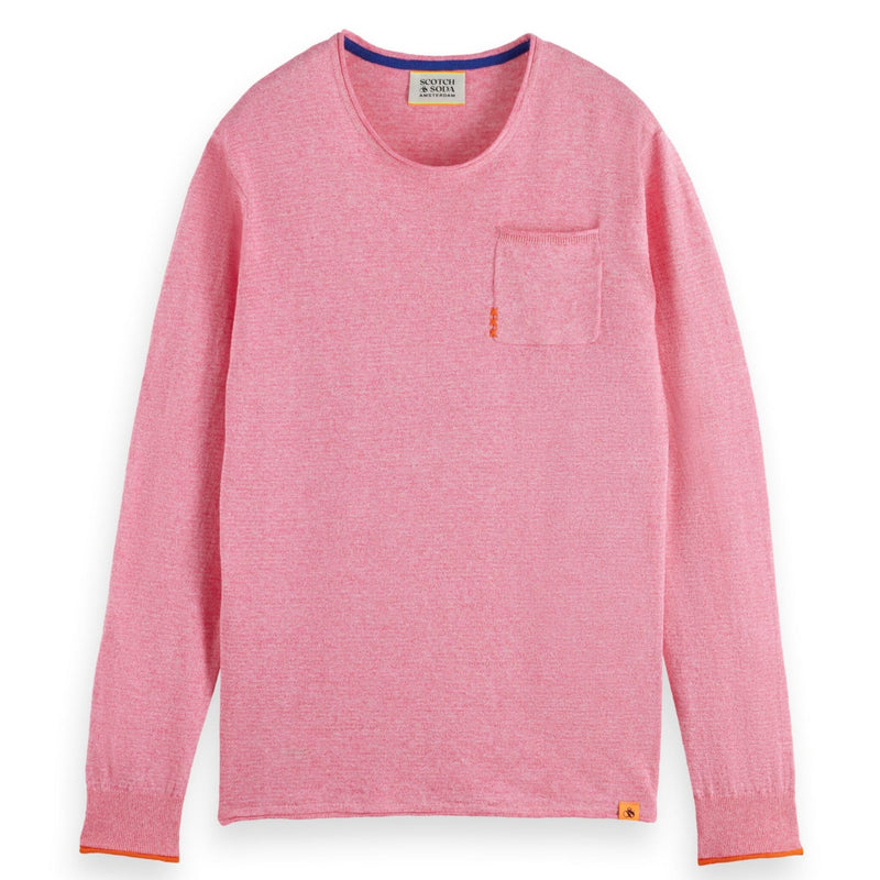 Tropical Pink Linen Cotton Blend Crew Neck