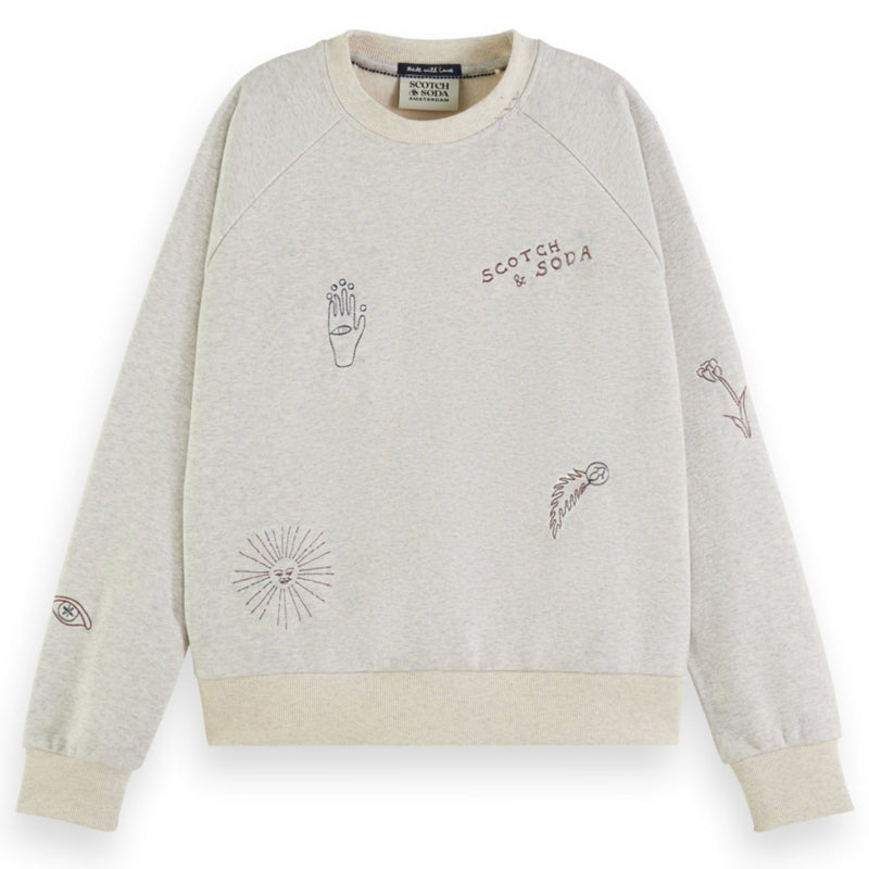 Light Grey Melange Embroidered Raglan Relaxed Fit Sweatshirt