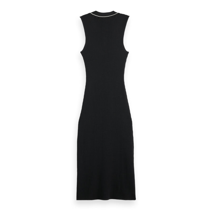 Evening Black Ribbed Collared Knitted Dress
