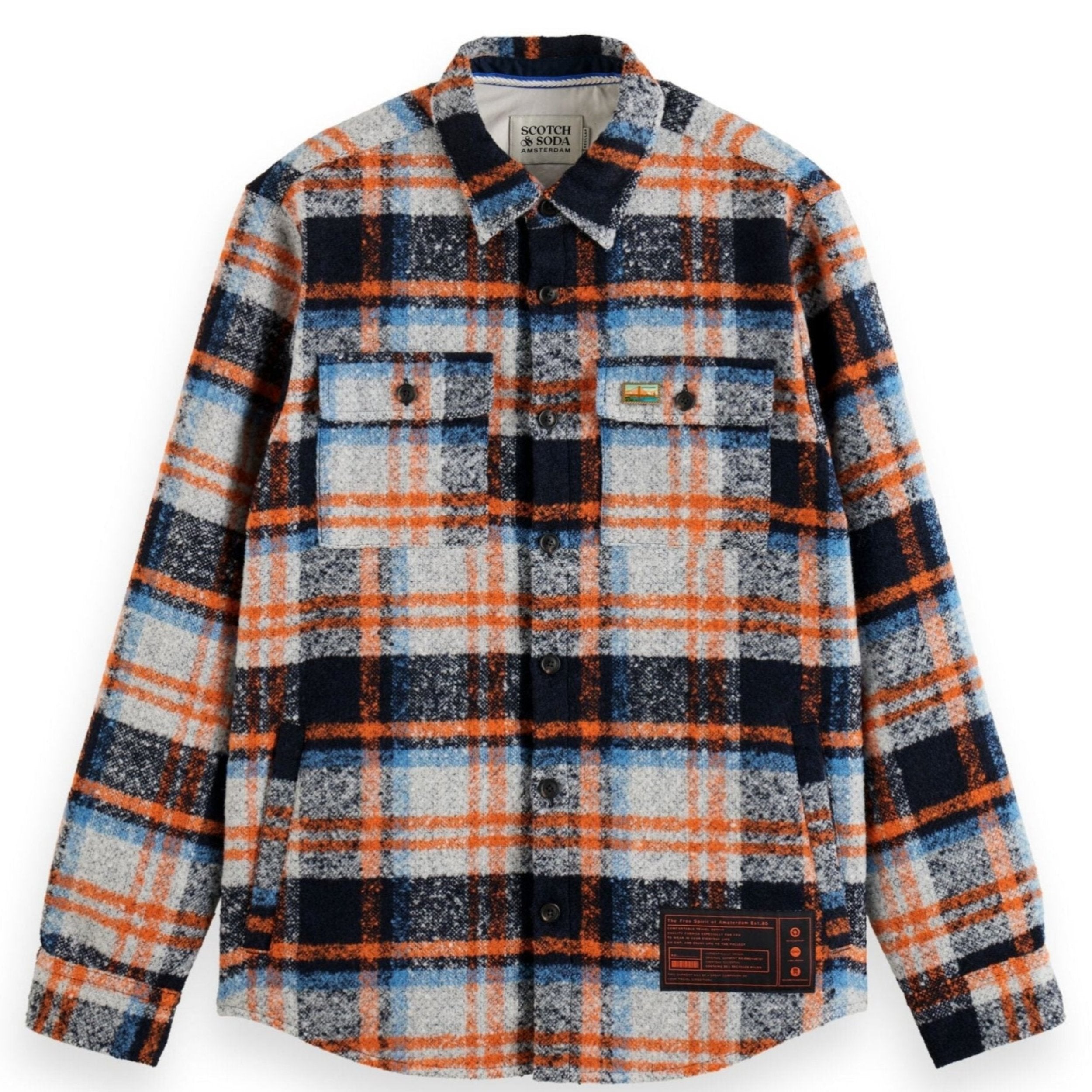 Night Orange Check Relaxed Fit Yarn-Dyed Fleece Overshirt
