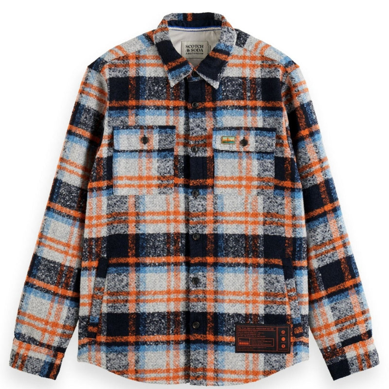 Night Orange Check Relaxed Fit Yarn-Dyed Fleece Overshirt