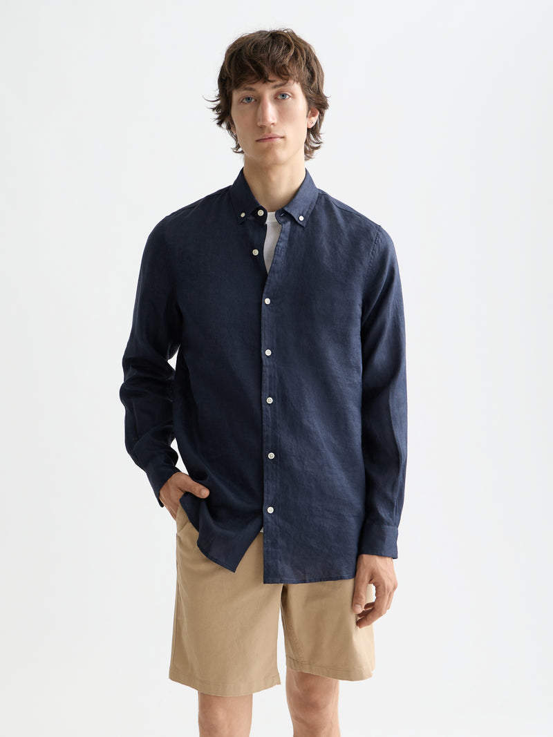Core Linen Shirt Long Sleeve Button Down - Night
