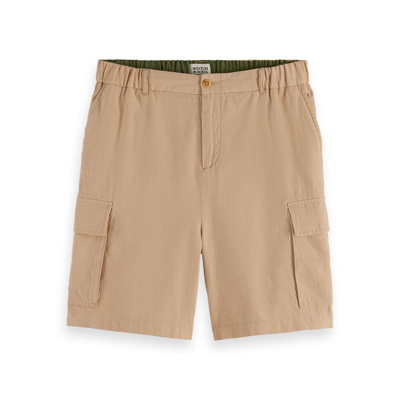 Beige Cotton-Linen Relaxed Fit Cargo Short