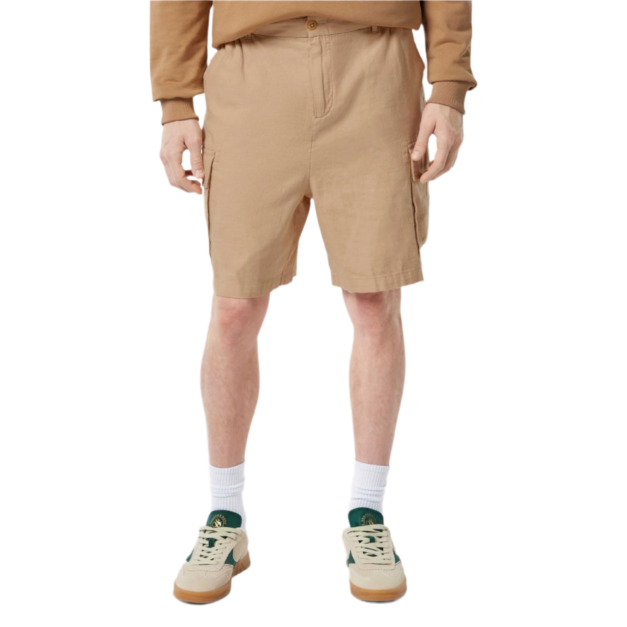 Beige Cotton-Linen Relaxed Fit Cargo Short