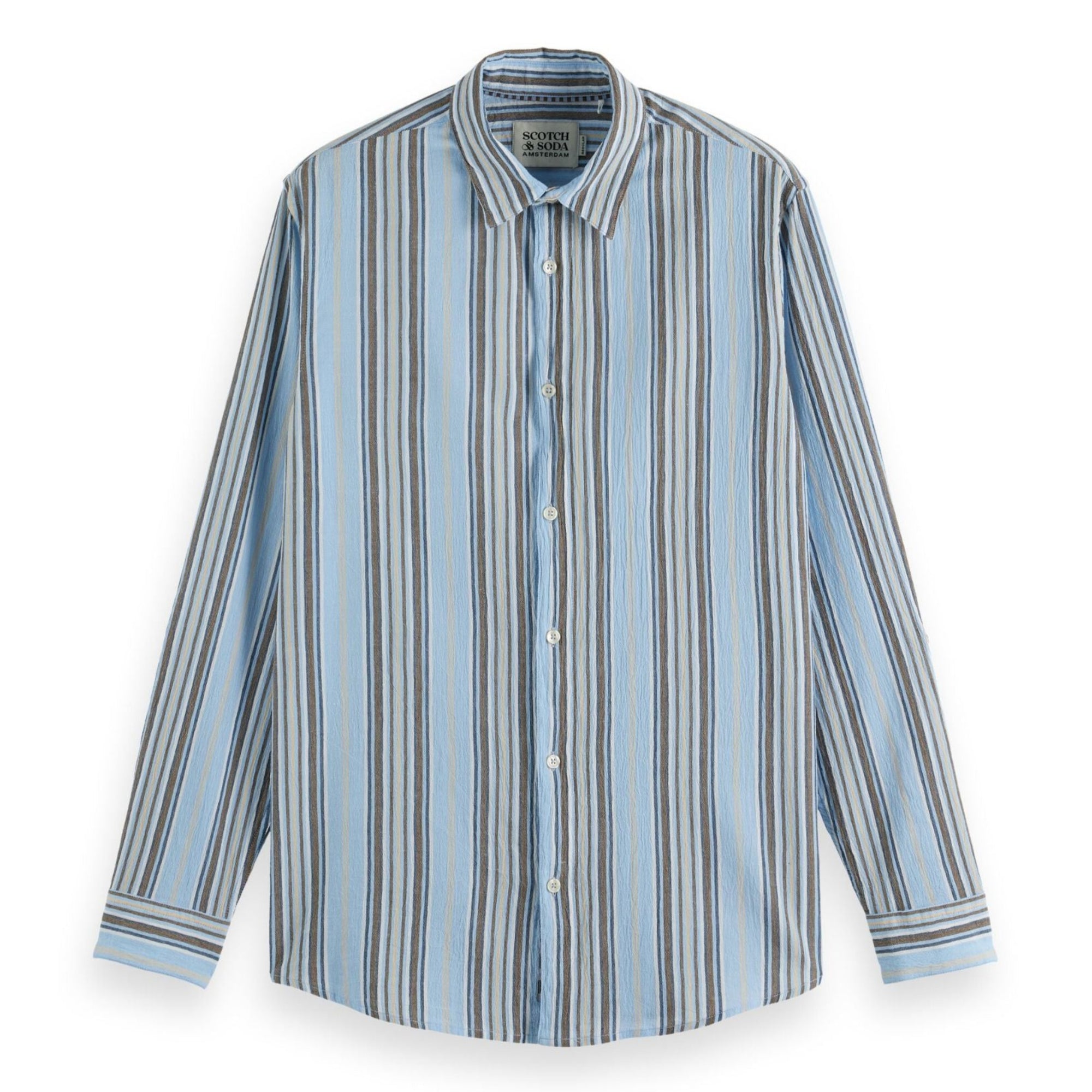 Beige Crinkled-Stripe Regular Fit Shirt