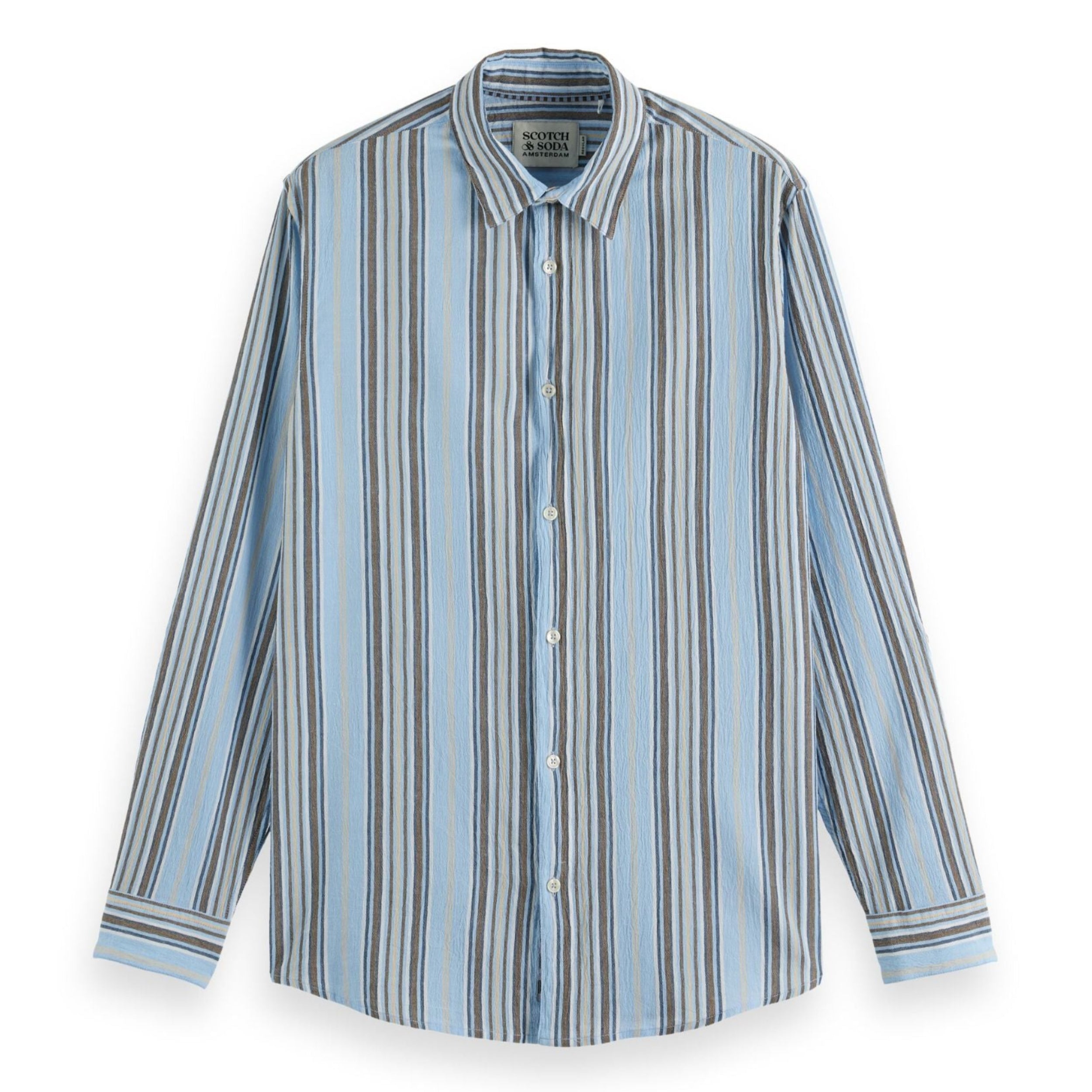 Beige Crinkled-Stripe Regular Fit Shirt