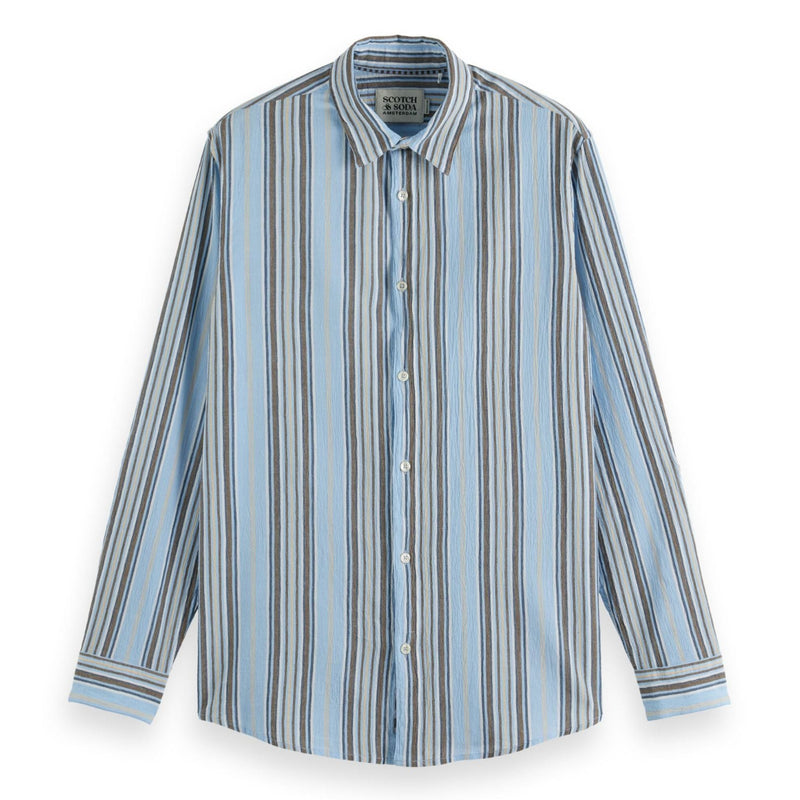 Beige Crinkled-Stripe Regular Fit Shirt