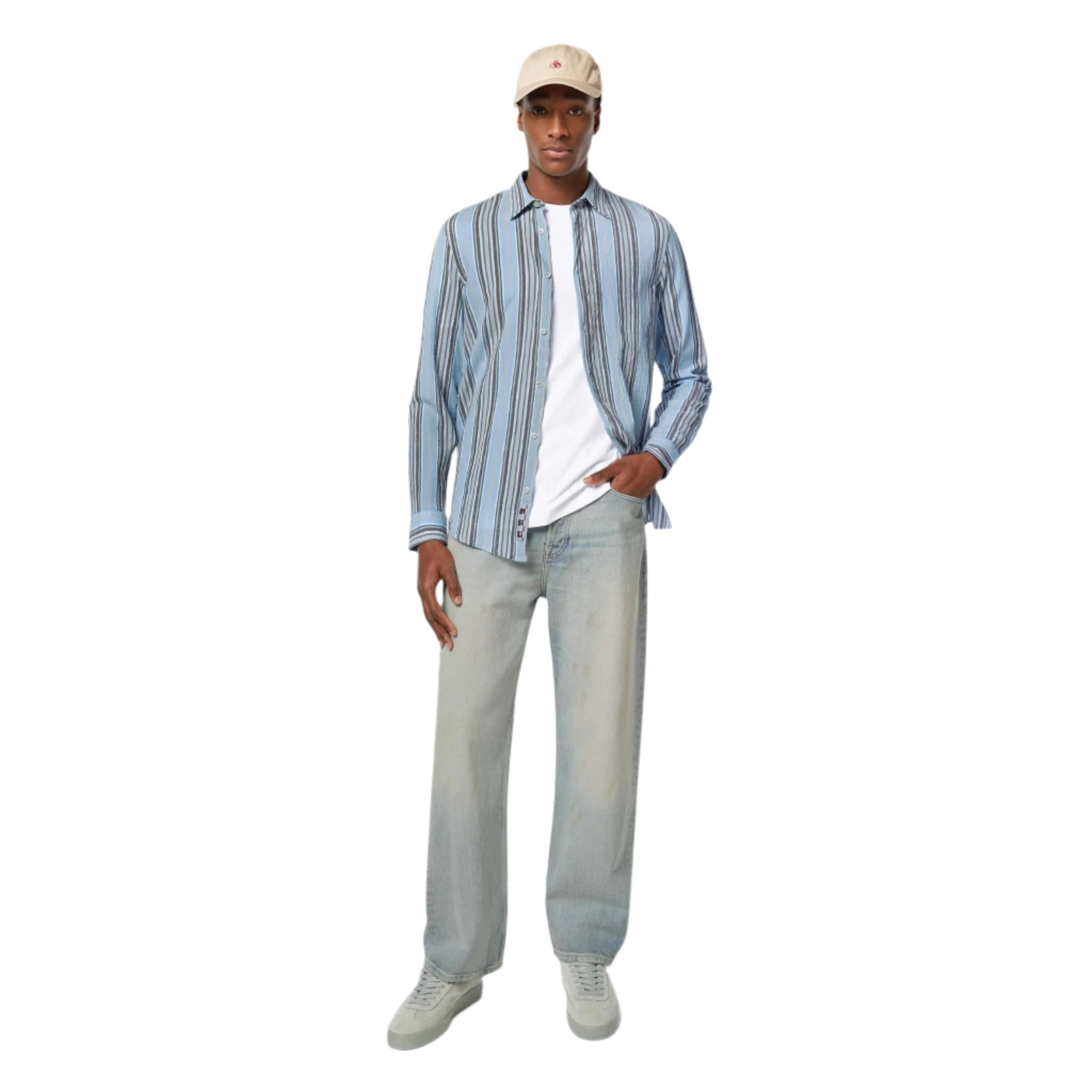 Beige Crinkled-Stripe Regular Fit Shirt