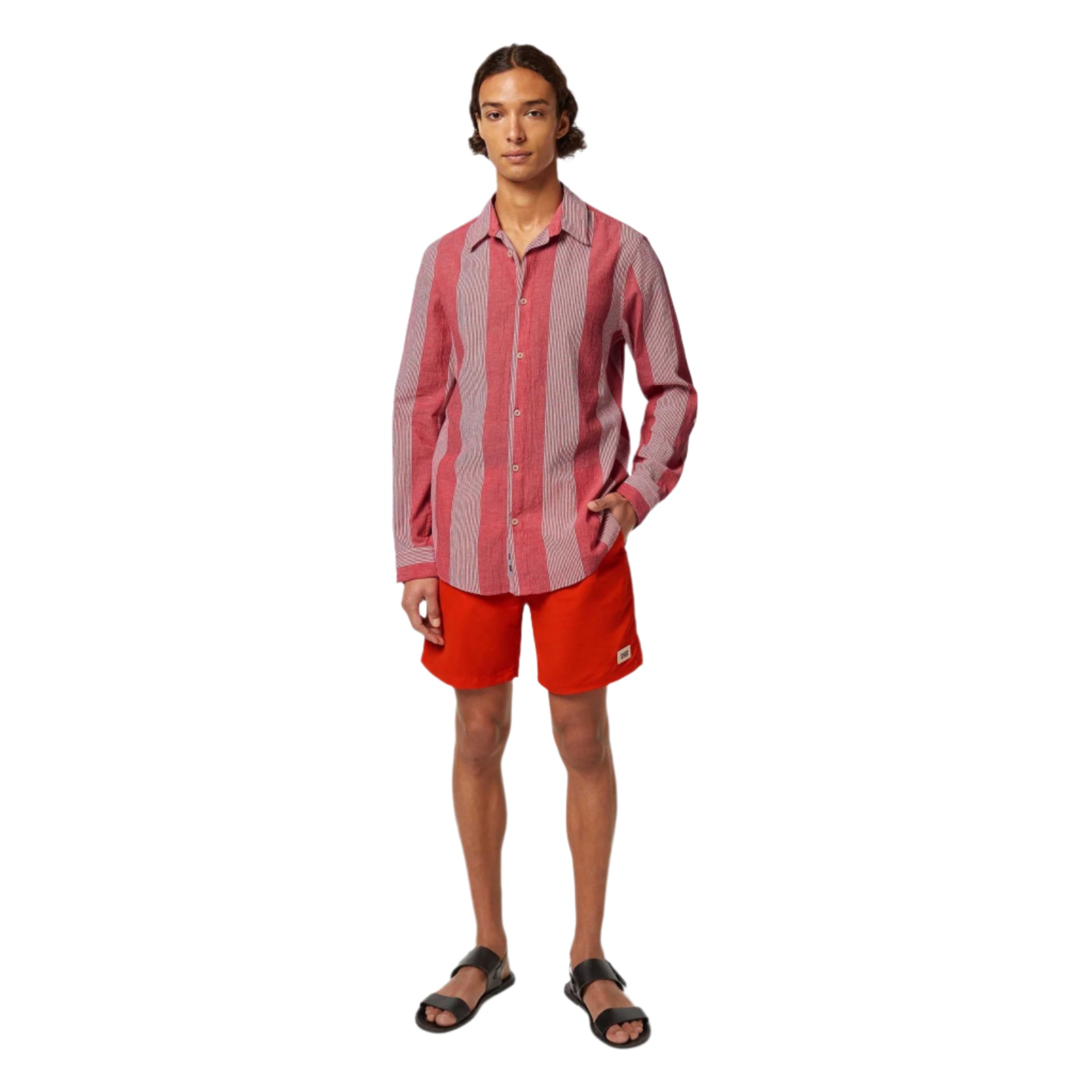 Red Crinkled-Stripe Regular Fit Shirt