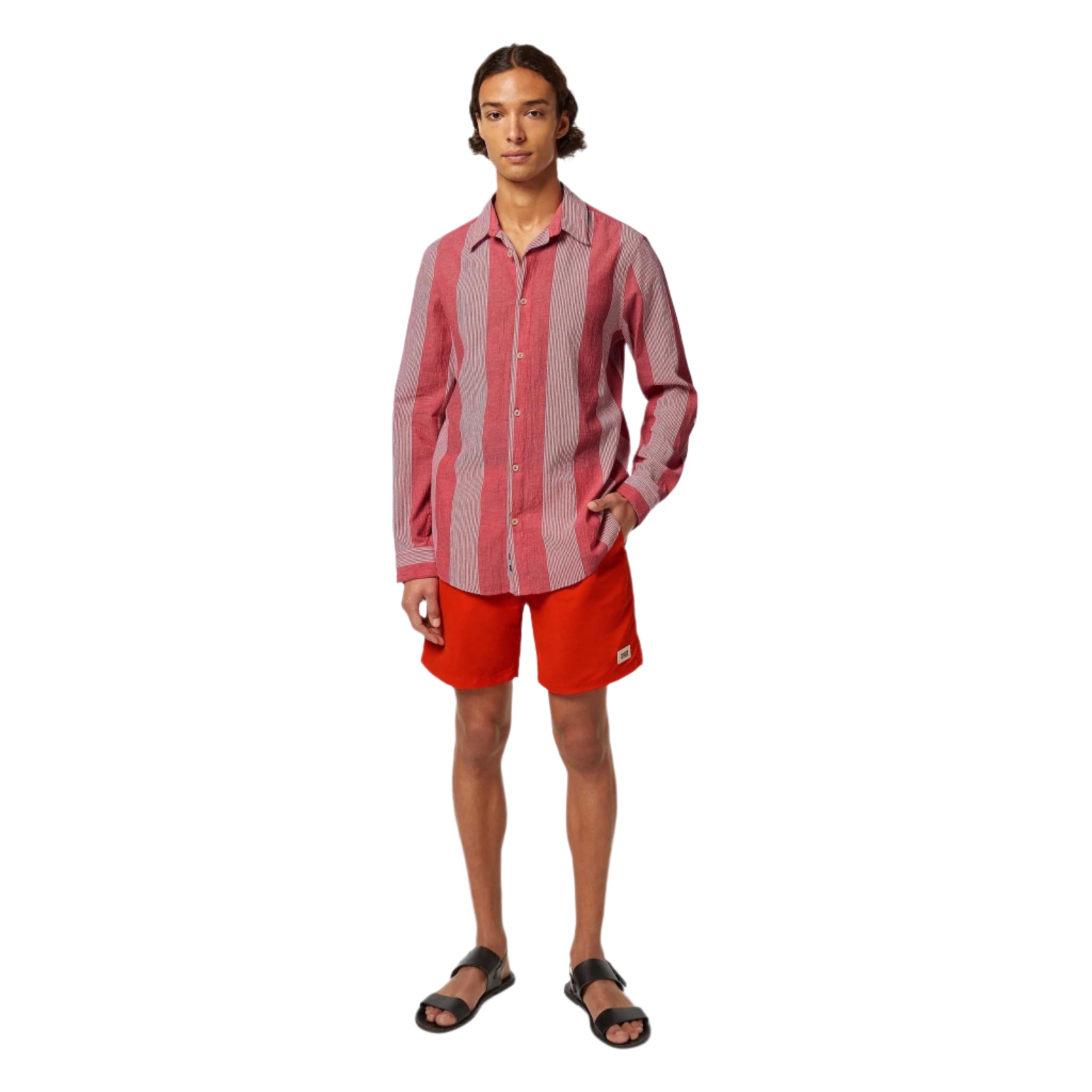 Red Crinkled-Stripe Regular Fit Shirt