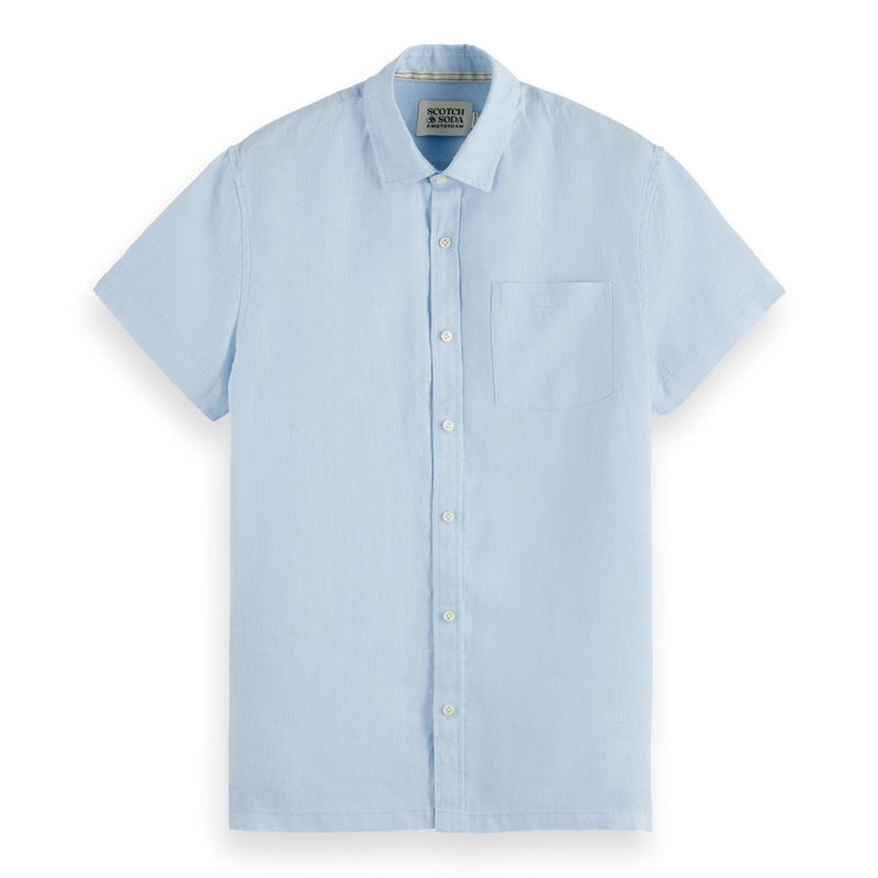 Blue Short-Sleeved Regular Fit Linen Shirt
