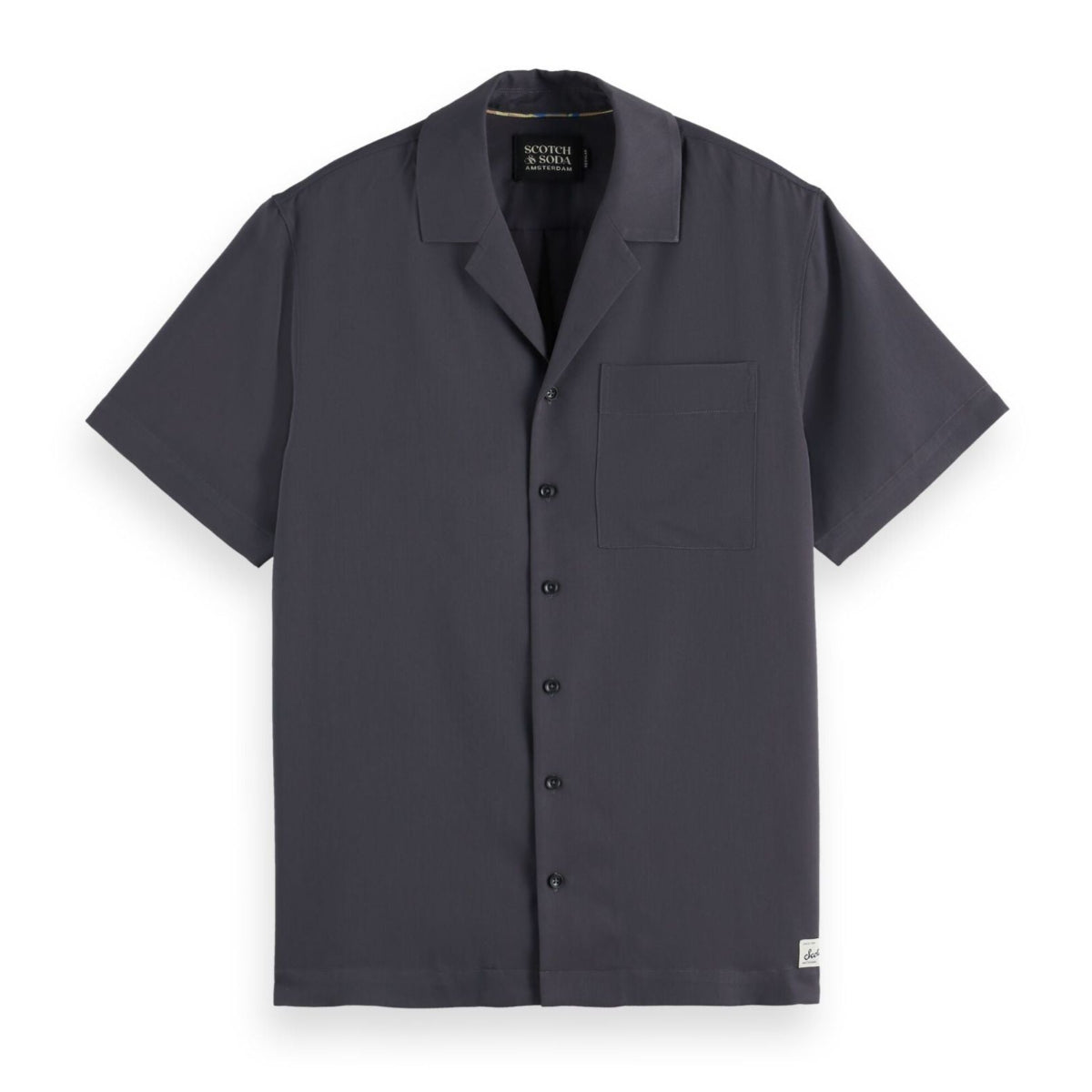 Black Short-Sleeved Regular Fit Sateen Shirt