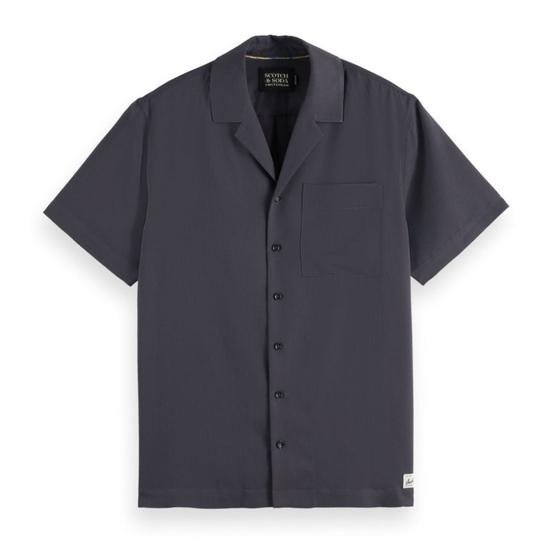 Black Short-Sleeved Regular Fit Sateen Shirt