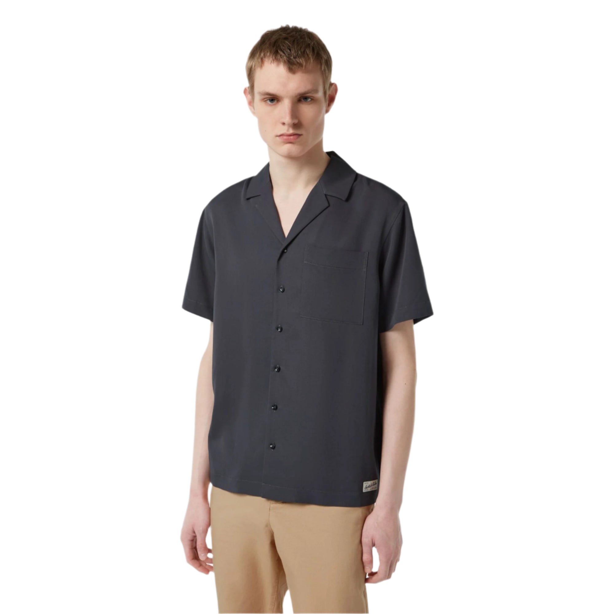 Black Short-Sleeved Regular Fit Sateen Shirt