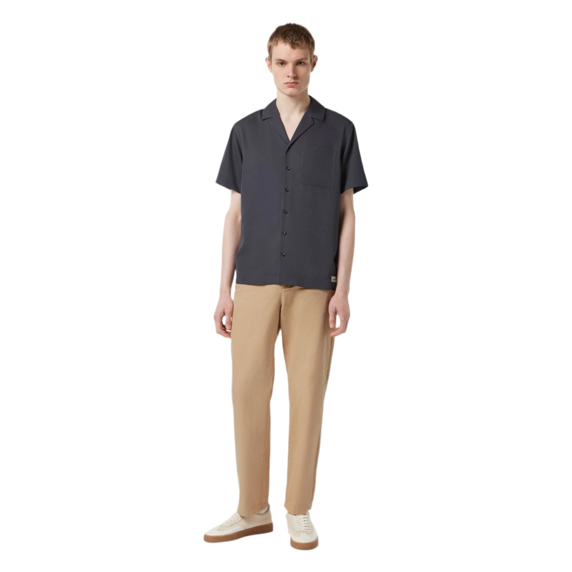 Black Short-Sleeved Regular Fit Sateen Shirt