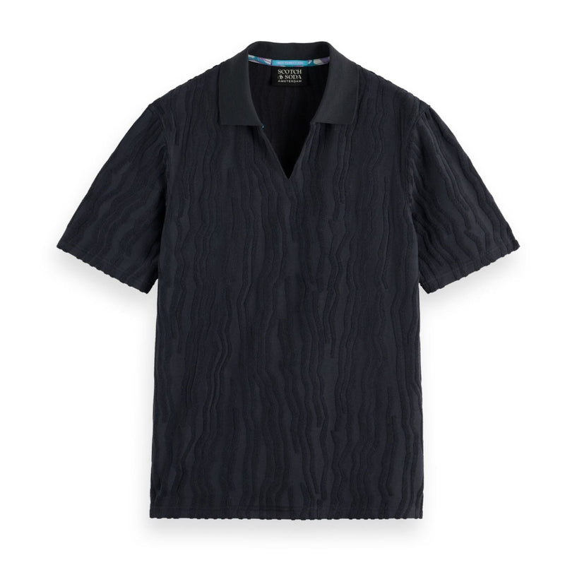 Black Jacquard Cotton Terry Relaxed-Fit Polo