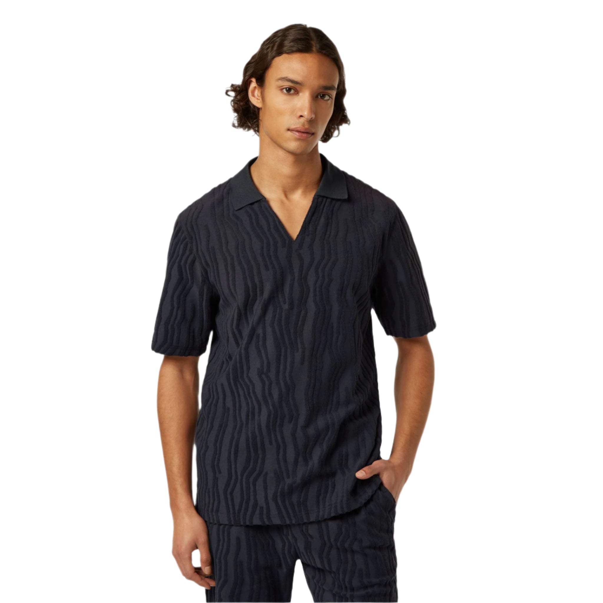 Black Jacquard Cotton Terry Relaxed-Fit Polo