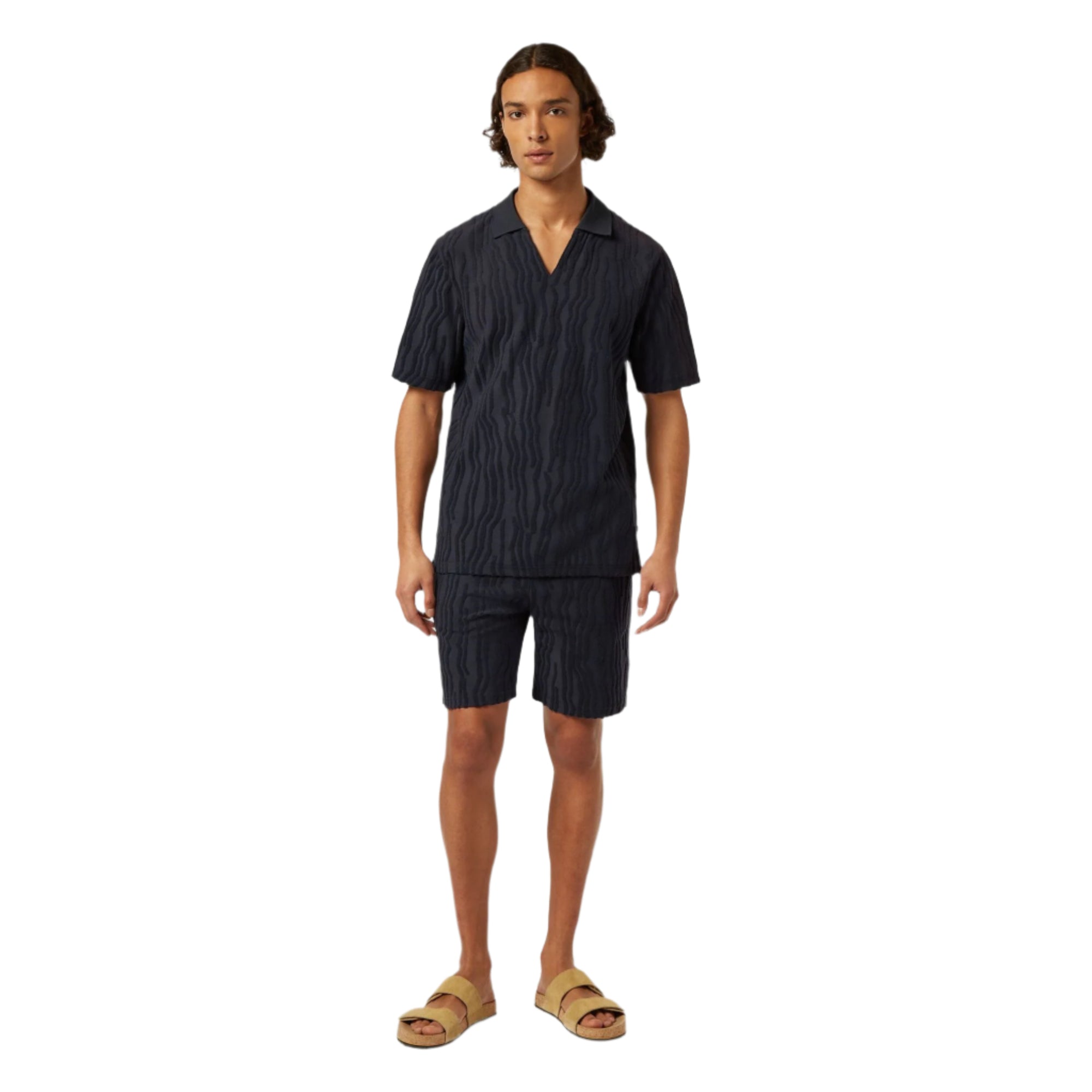Black Jacquard Cotton Terry Relaxed-Fit Polo