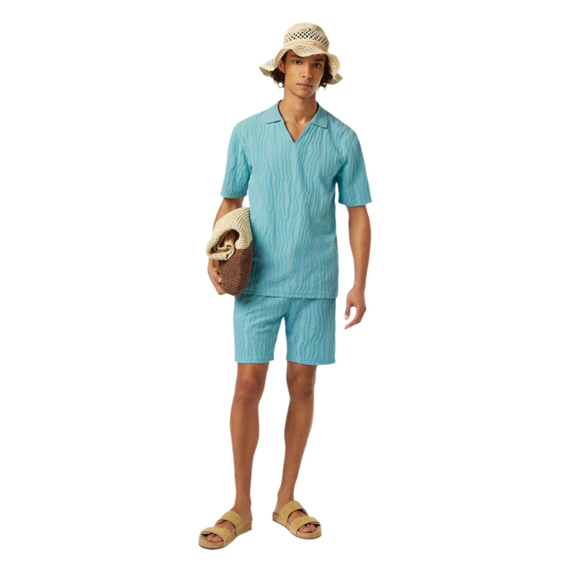 Blue Jacquard Cotton Terry Relaxed-Fit Polo