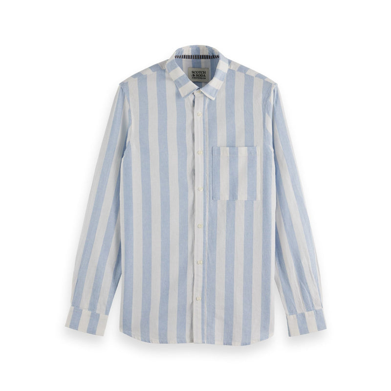 Blue Yarn-Dyed Linen Blend Striped Regular Fit Shirt