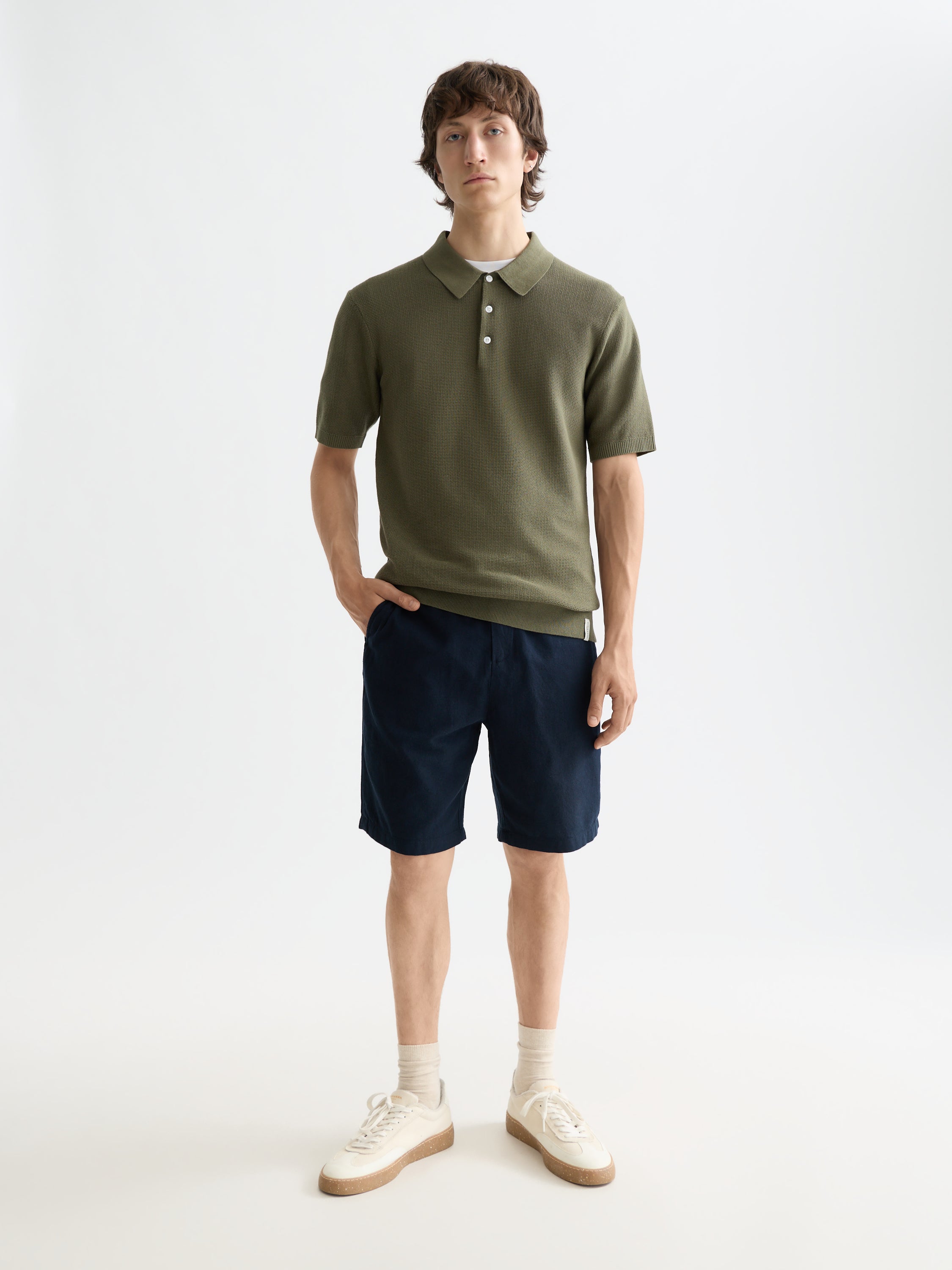 Bermuda en sergé de coton et lin Core Fave - Bleu marine