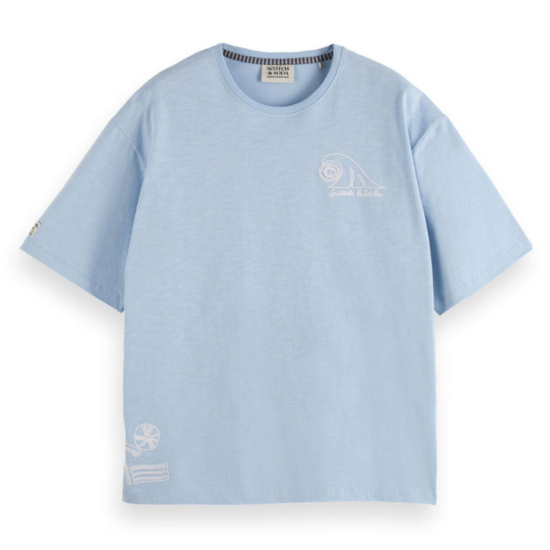 Blue Loose Fit Slub Embroidery T-Shirt
