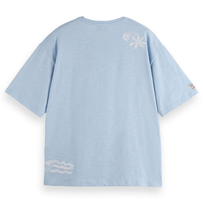 Blue Loose Fit Slub Embroidery T-Shirt