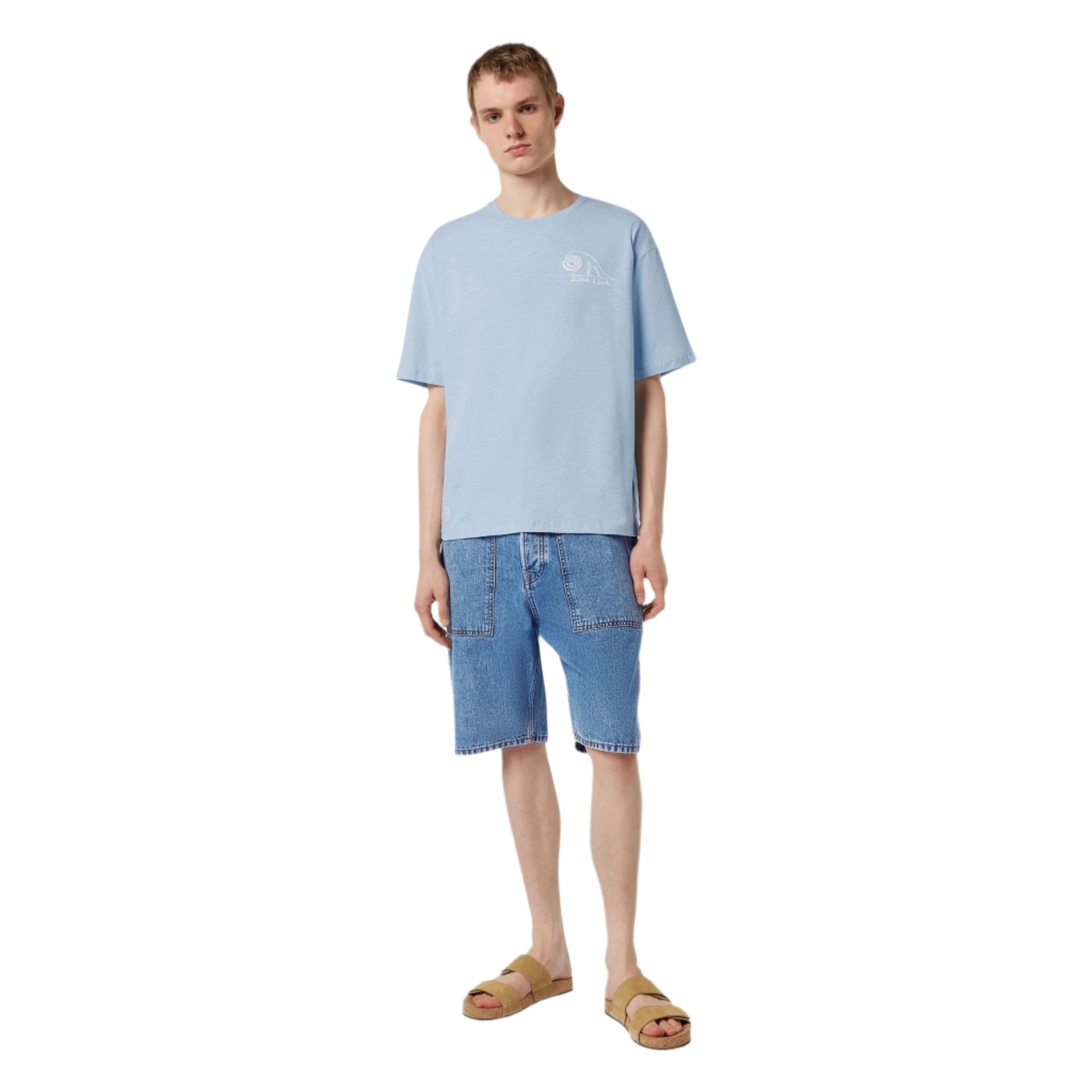 Blue Loose Fit Slub Embroidery T-Shirt