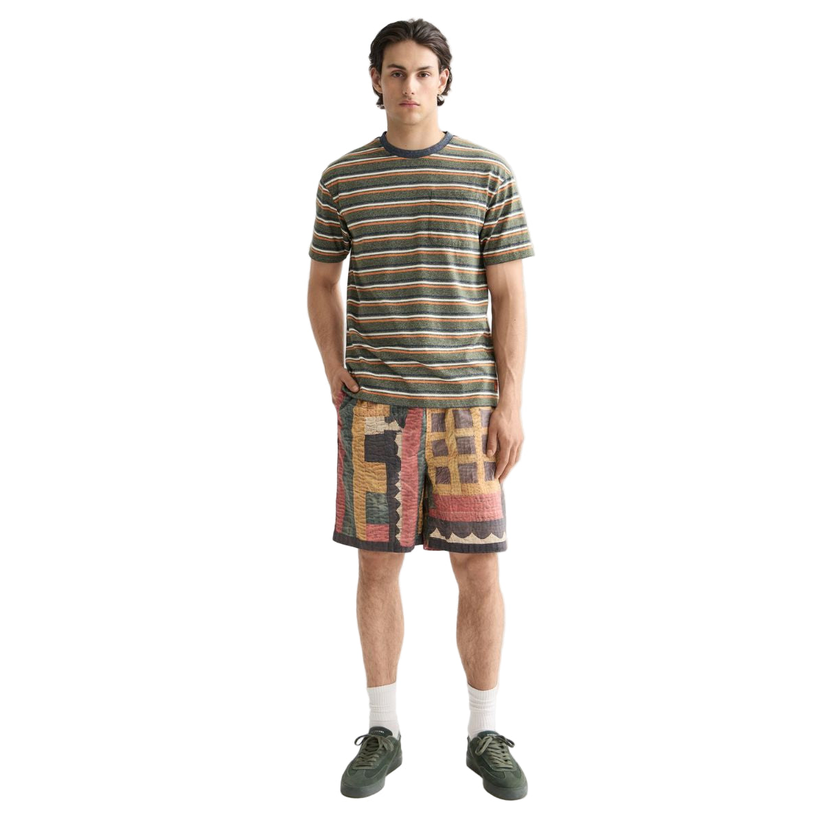 Relaxed Fit Yarn Dye Stripe T-Shirt - Green