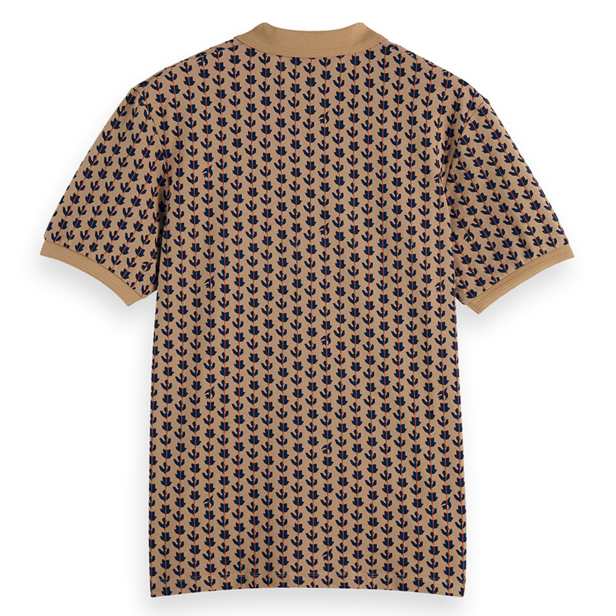 Micro Allover Print Jersey Regular Fit Polo - Ditsy Leaf Stripe Tannin